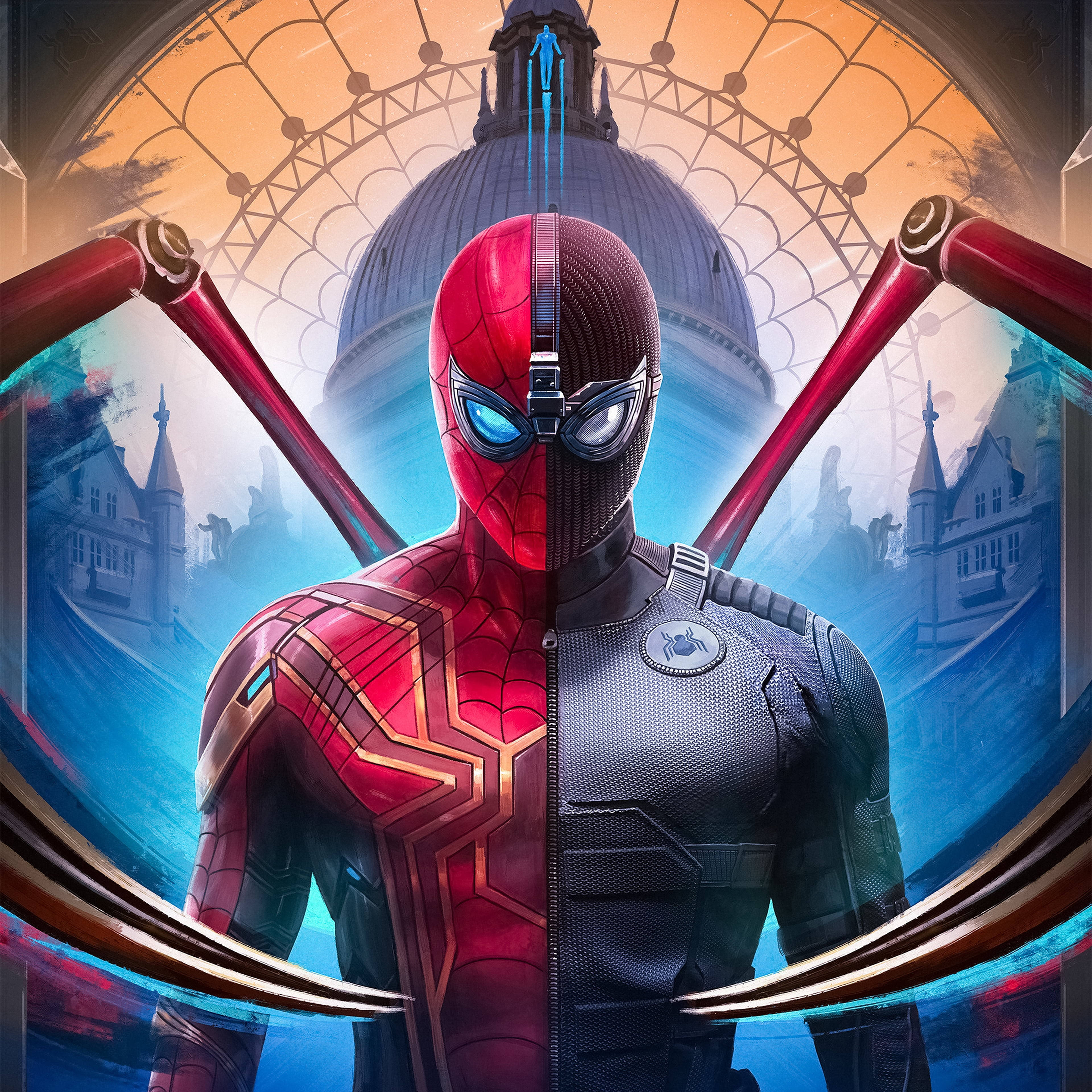 Spider Man Far From Home 2019, split suit, red and black suits, 4K Desktop Wallpaper