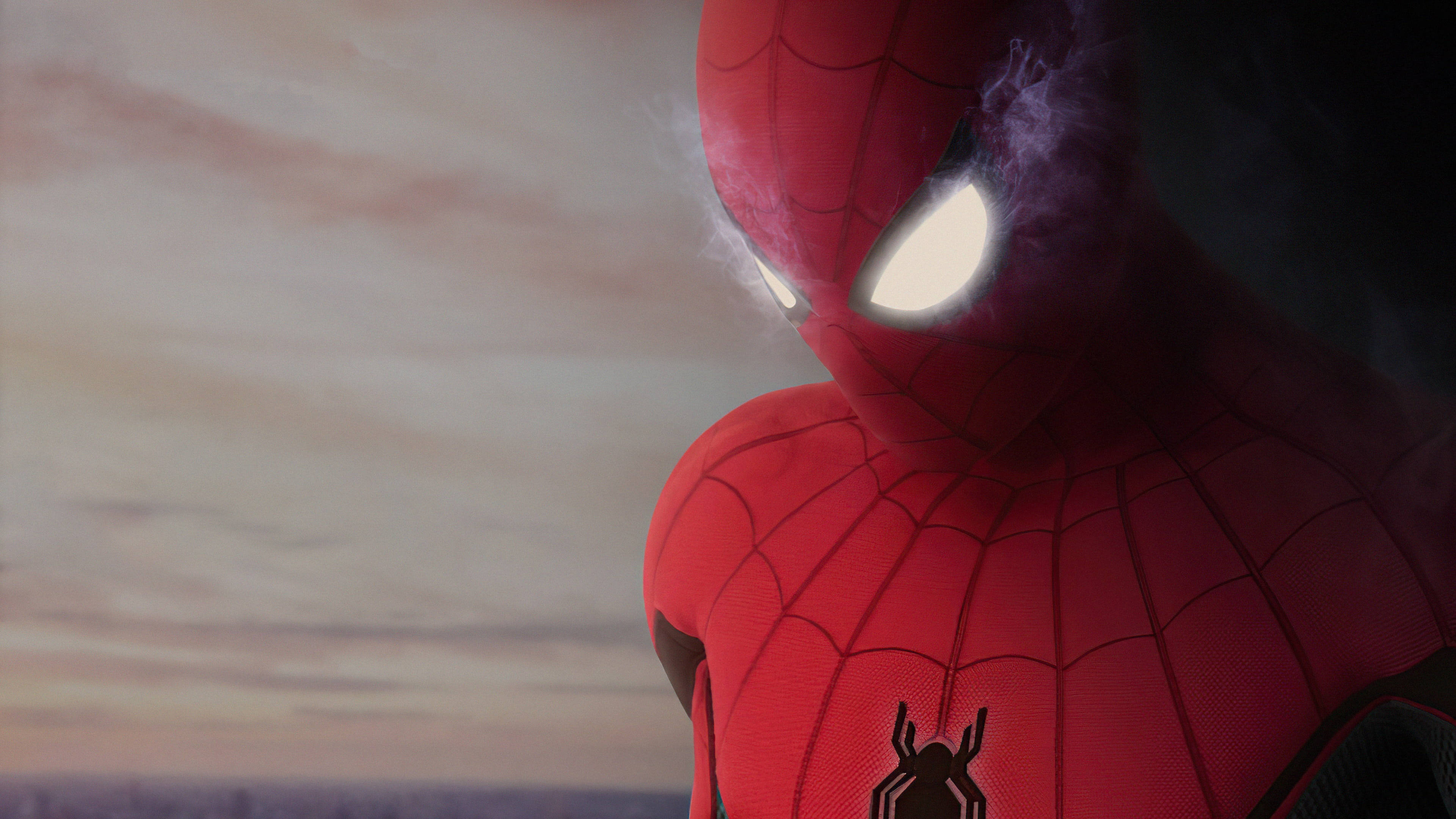 Spider Man Far From Home 2019, red suit, glowing eyes, 4K Desktop Wallpaper