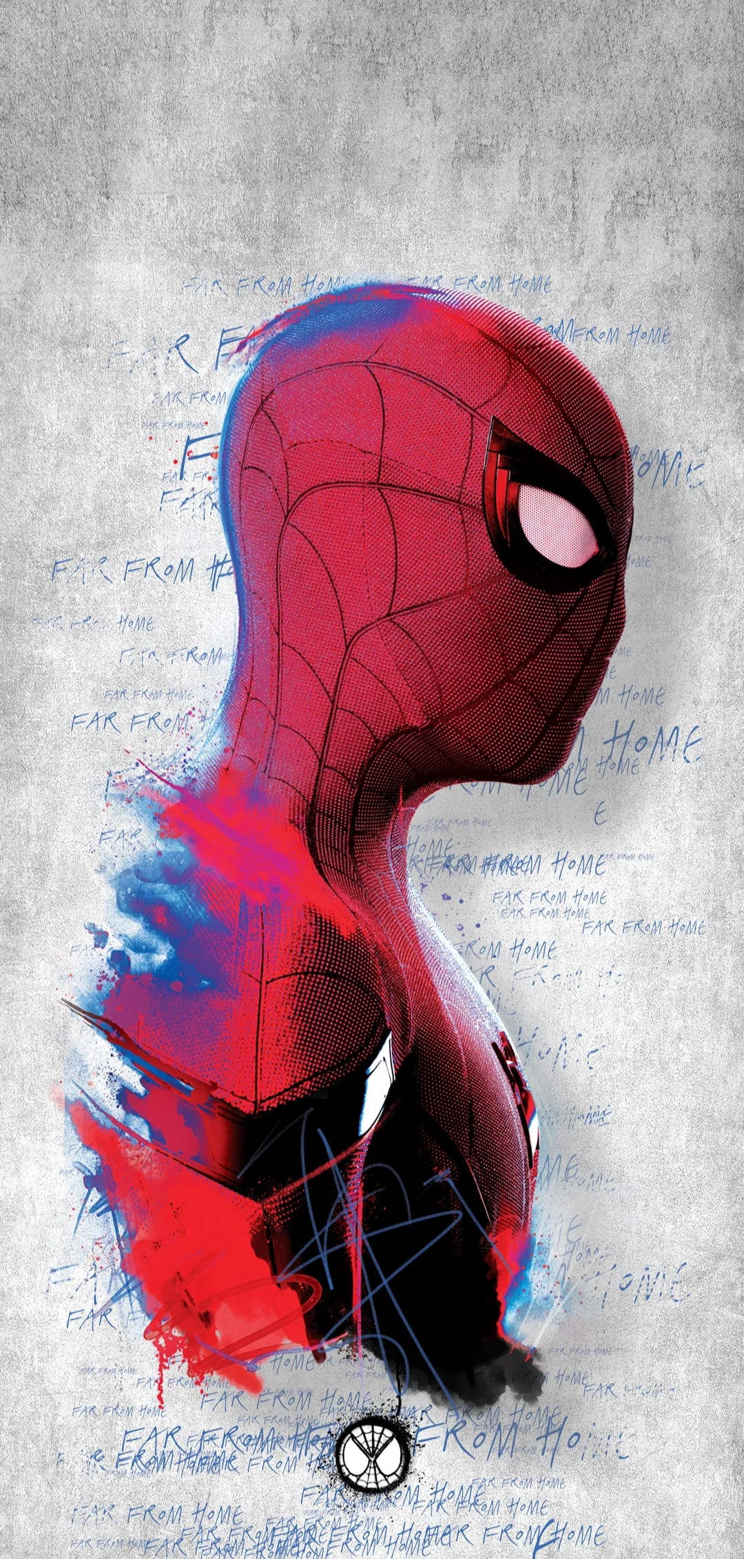 Spider Man Far From Home 2019, red and blue suit, graffiti text, Full HD Phone Wallpaper