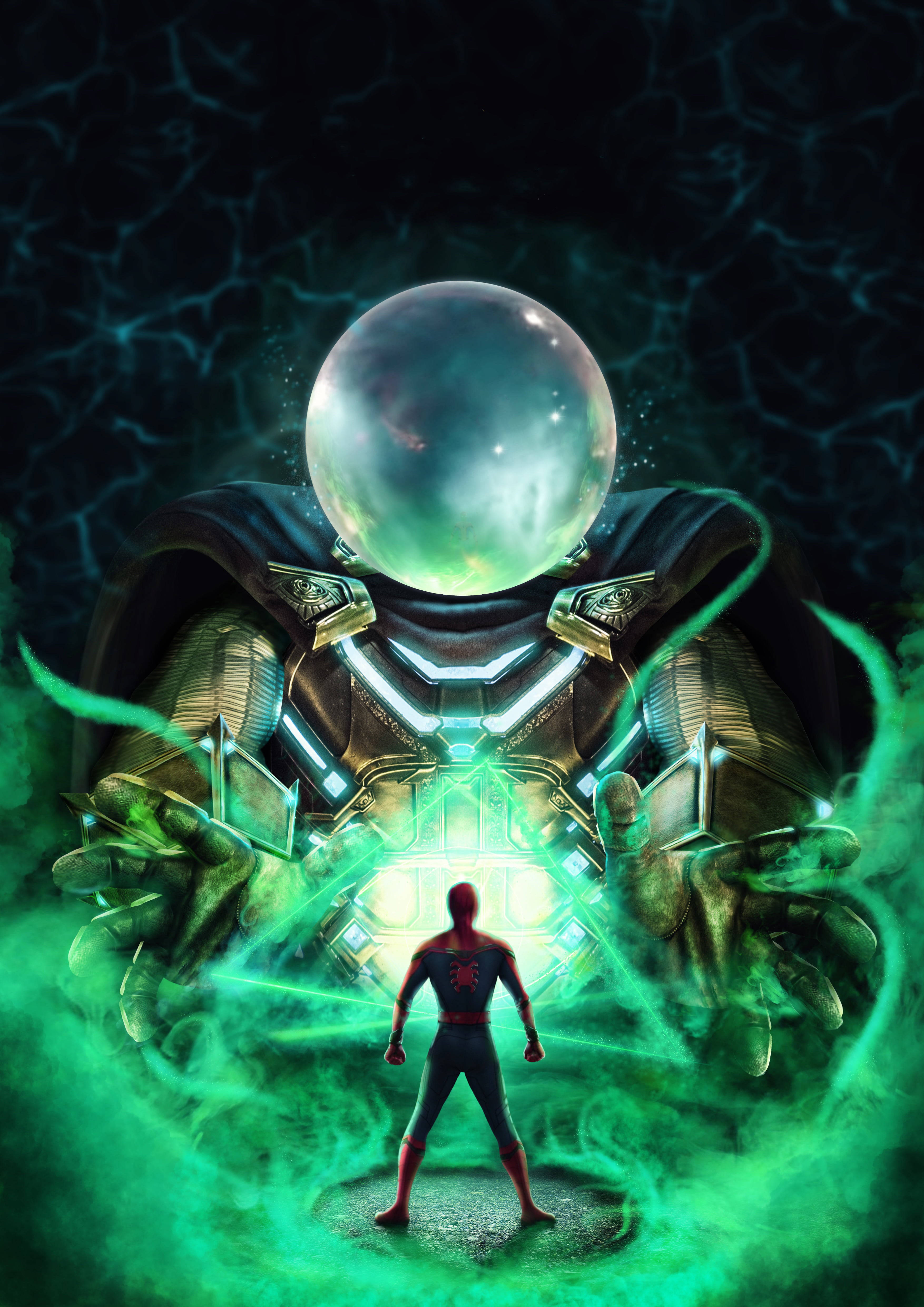 Spider Man Far From Home 2019, Green Spider Man, armored figure, 4K Phone Wallpaper