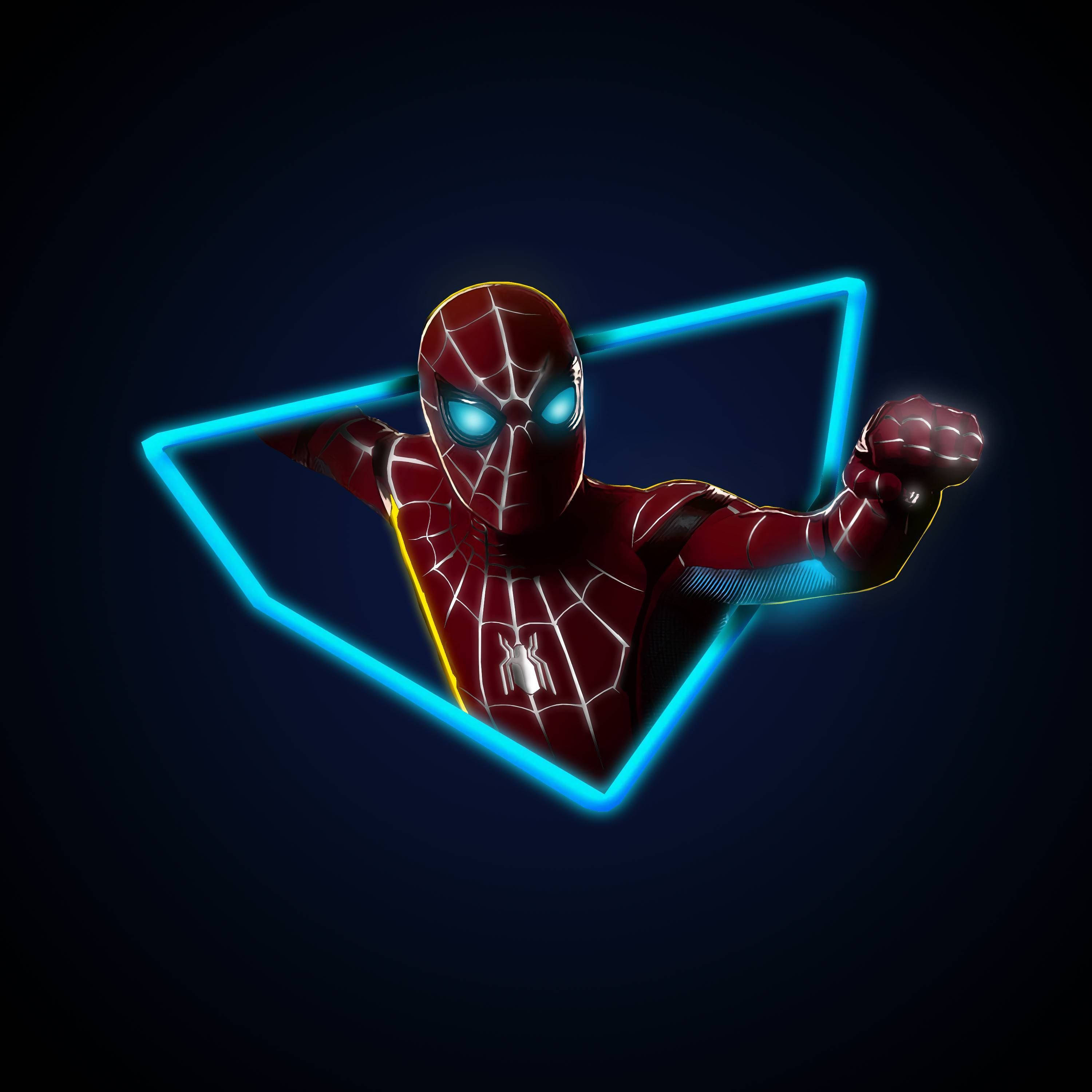 Spider Man Far From Home, red suit, glowing blue eyes, 2K Desktop Wallpaper