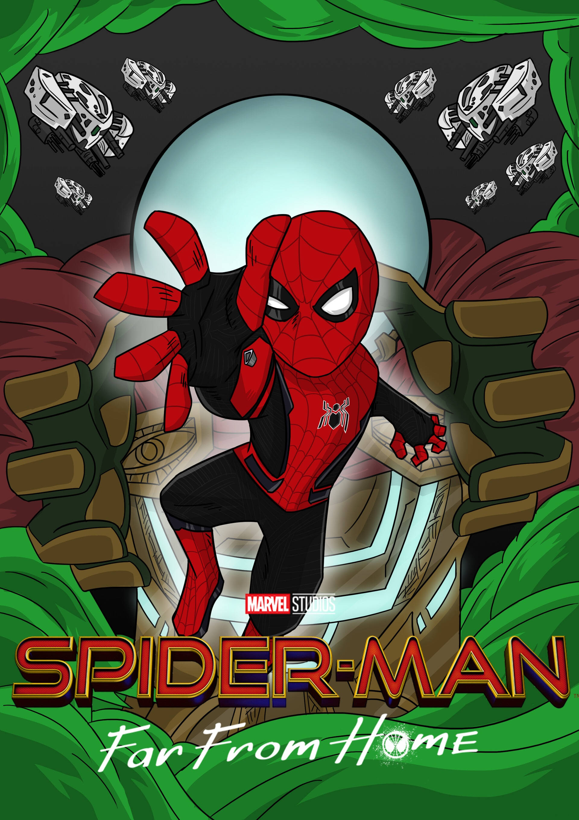 Spider Man Far From Home, red and black suit, green curtains, 2K Phone Wallpaper