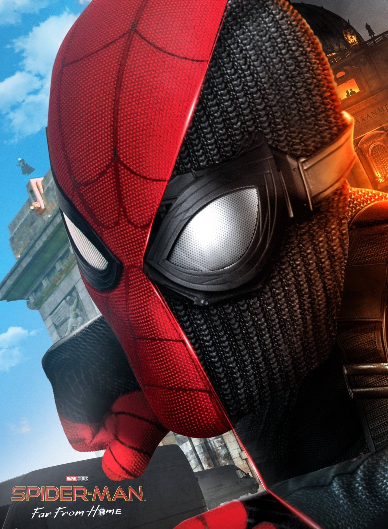 Spider Man Far From Home, red and black suits, cityscape, HD Phone Wallpaper