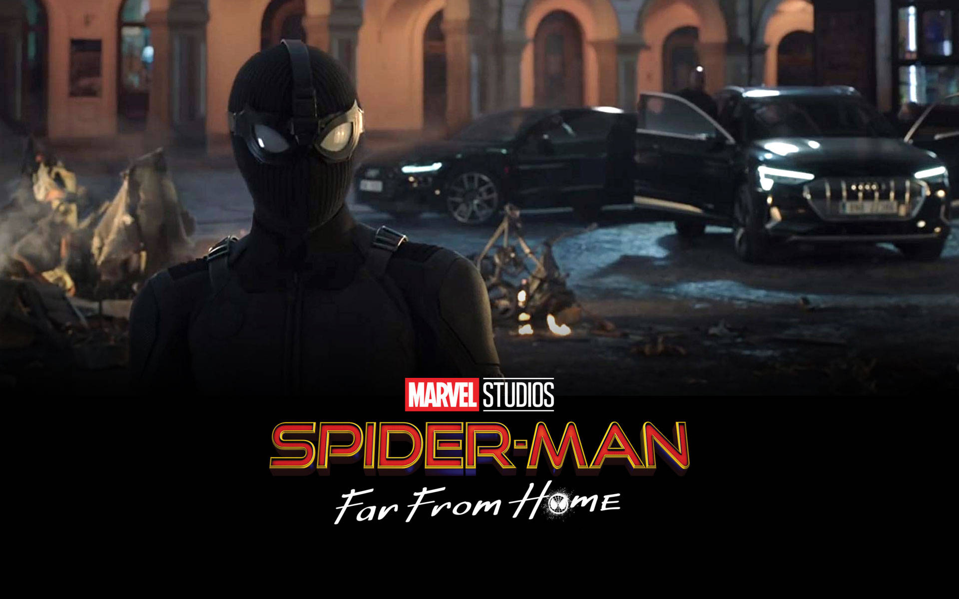 Spider Man Far From Home, black suit, ruined city street, Full HD Desktop Wallpaper