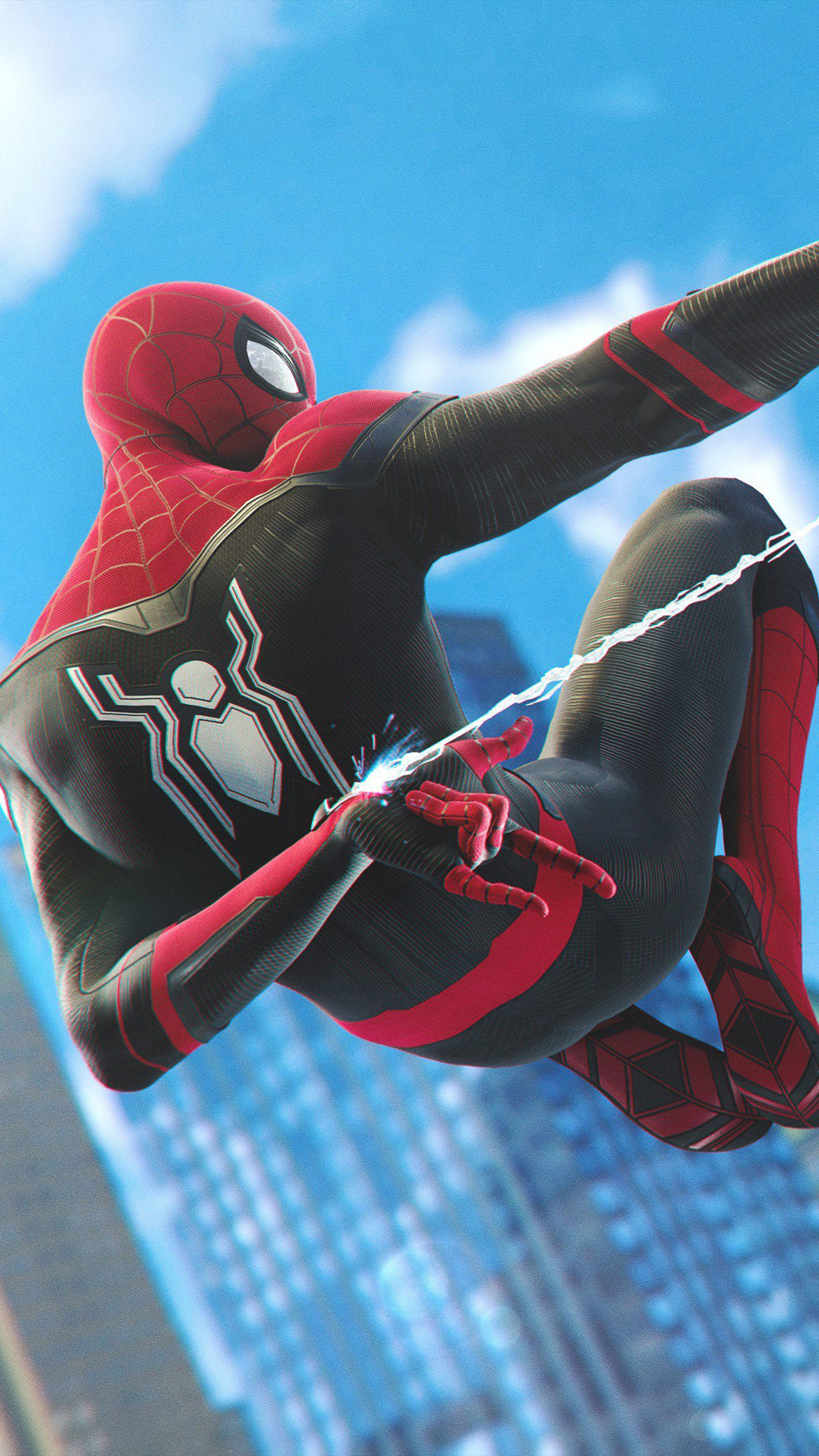 Spider Man Homecoming, bright blue sky, cityscape, 4K Phone Wallpaper