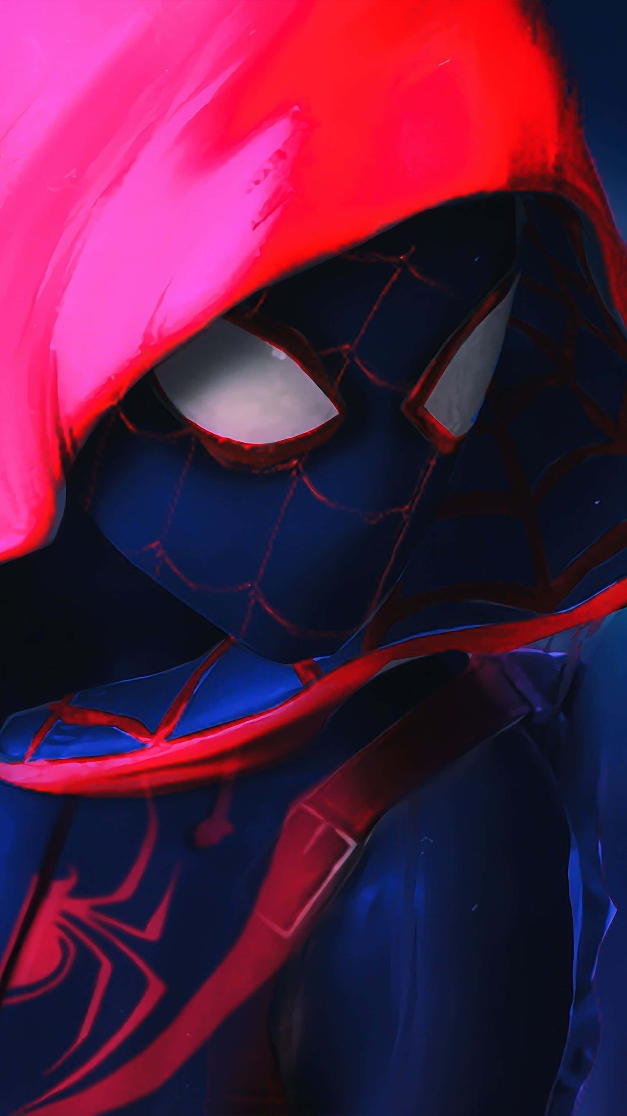 Spider Man Into The Spider Verse 4K, blue and red suit, glowing white eyes, 4K Phone Wallpaper