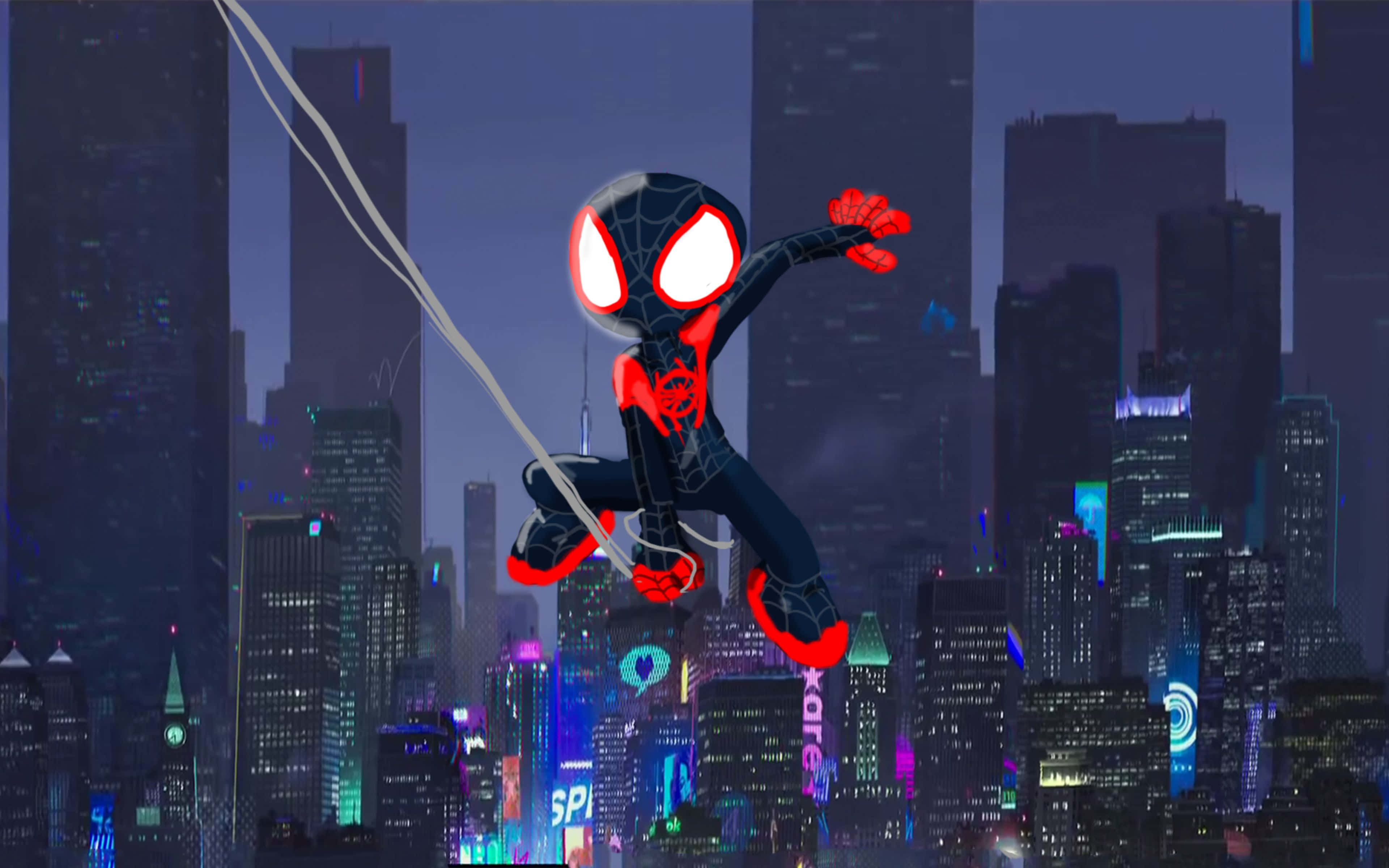 Spider Man Into The Spider Verse, neon-lit cityscape, night, 4K Desktop Wallpaper