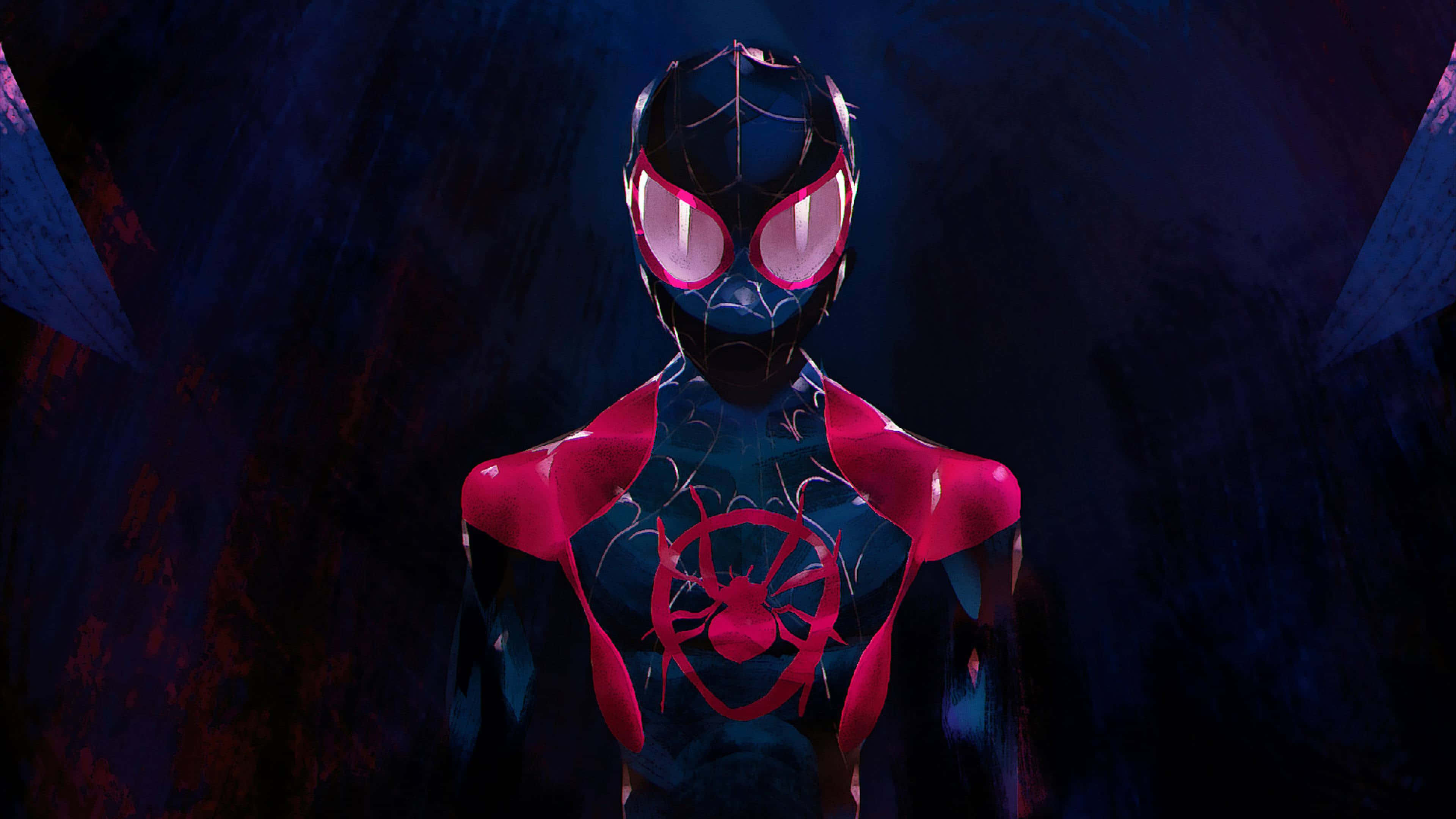 Spider Man Into The Spider Verse 4K, glowing pink eyes, red webbing, 4K Desktop Wallpaper