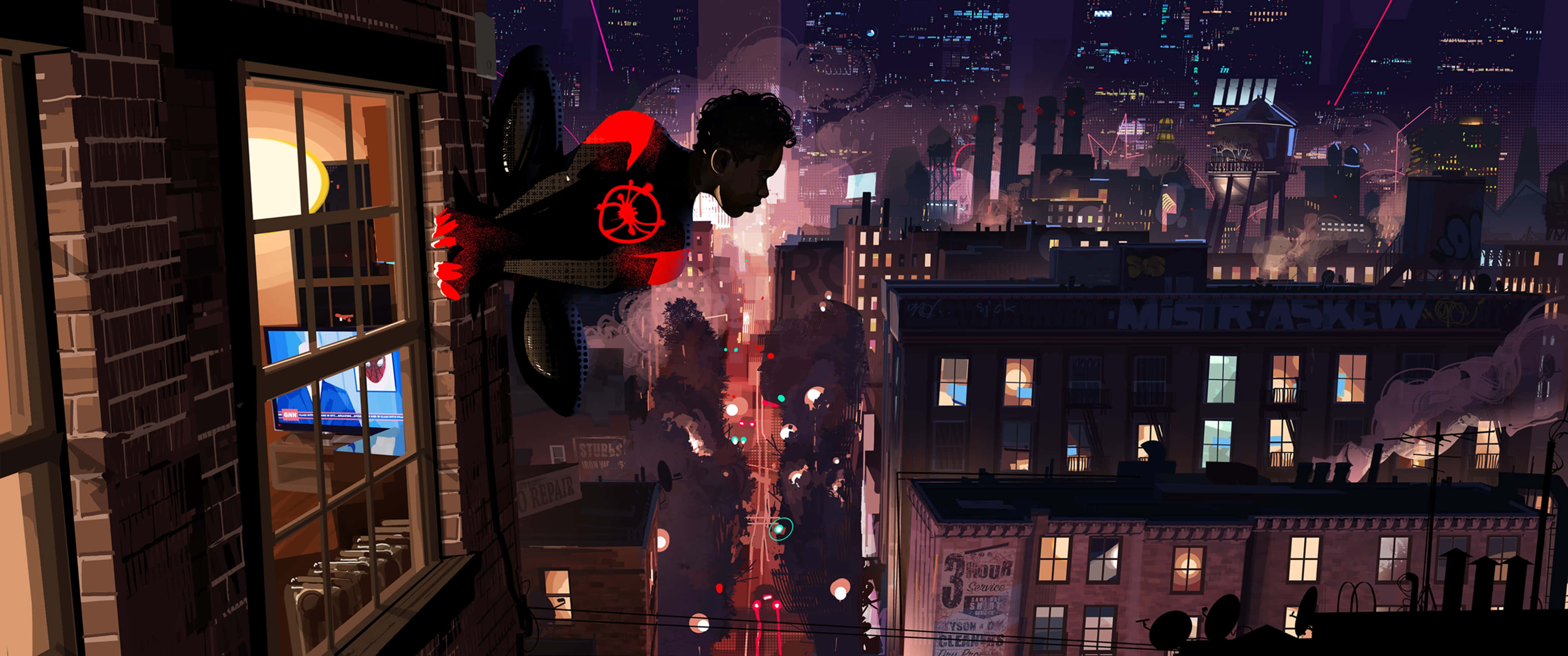 Spider-Man: Into The Spider-Verse 4K, neon-lit cityscape, night, 4K Desktop Wallpaper