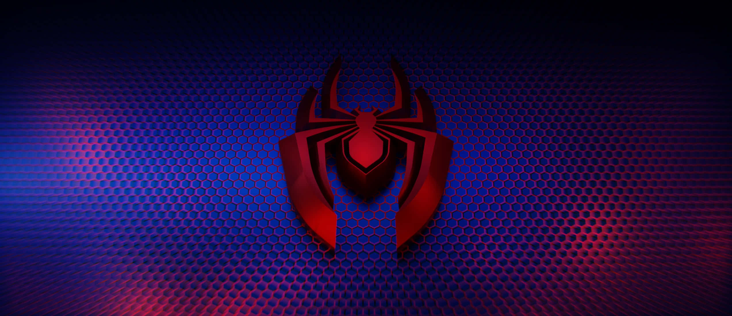 Spider-Man logo, vibrant red and blue design, gradient blue and red hexagonal background, Full HD Desktop Wallpaper