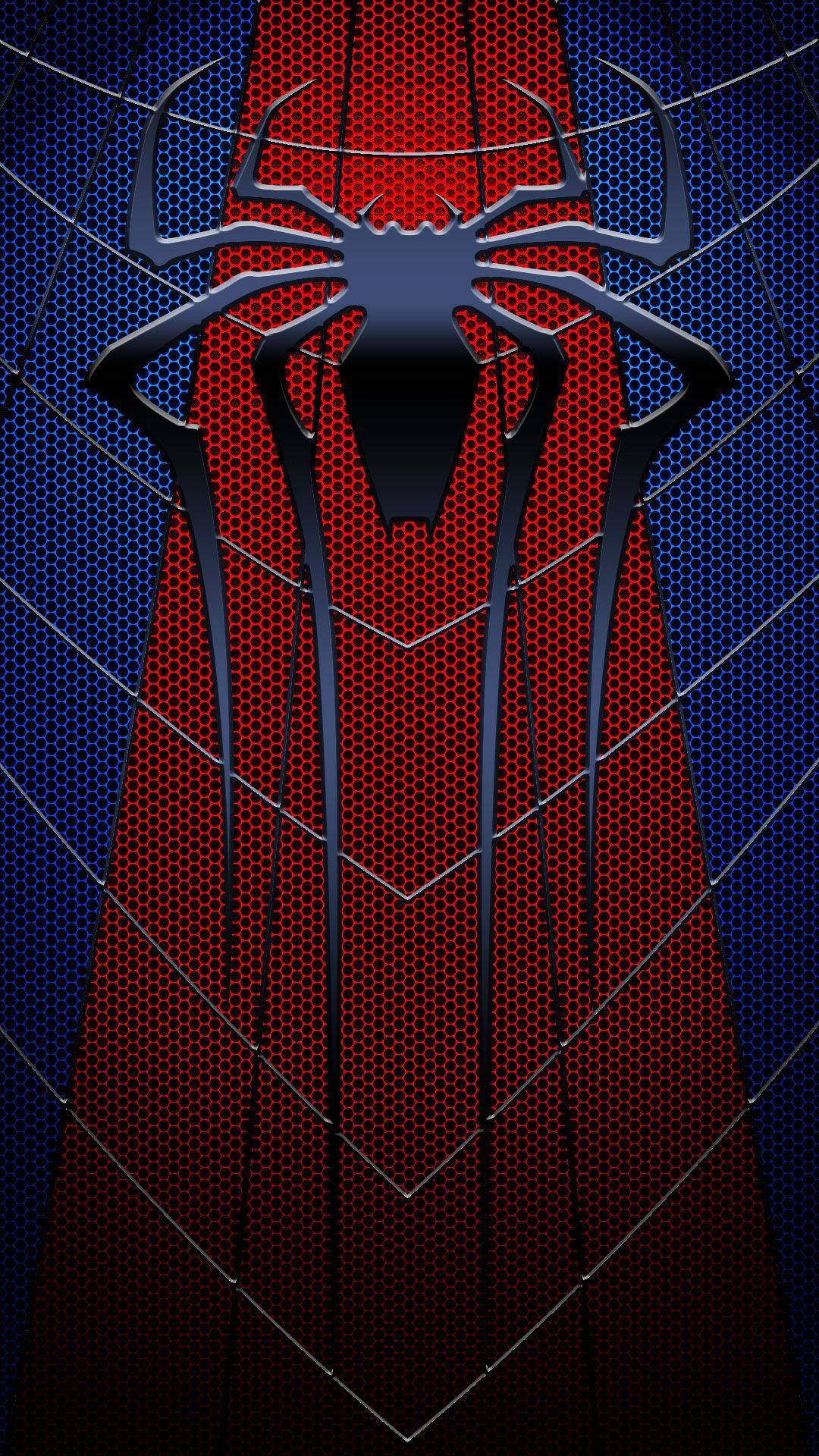 Spider Man, black spider emblem, red and blue hexagonal mesh background, Full HD Phone Wallpaper