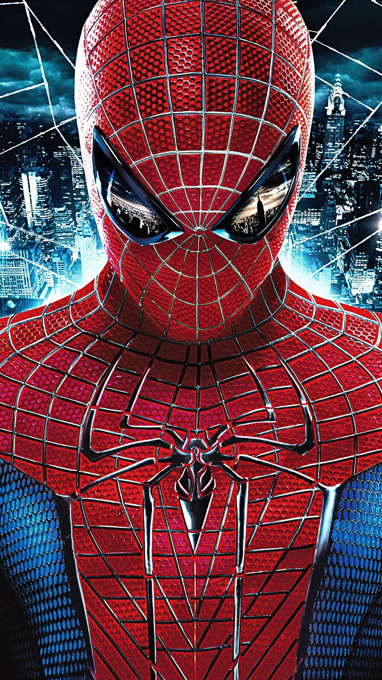 Spider Man, red and blue suit, glowing city skyline, 2K Phone Wallpaper