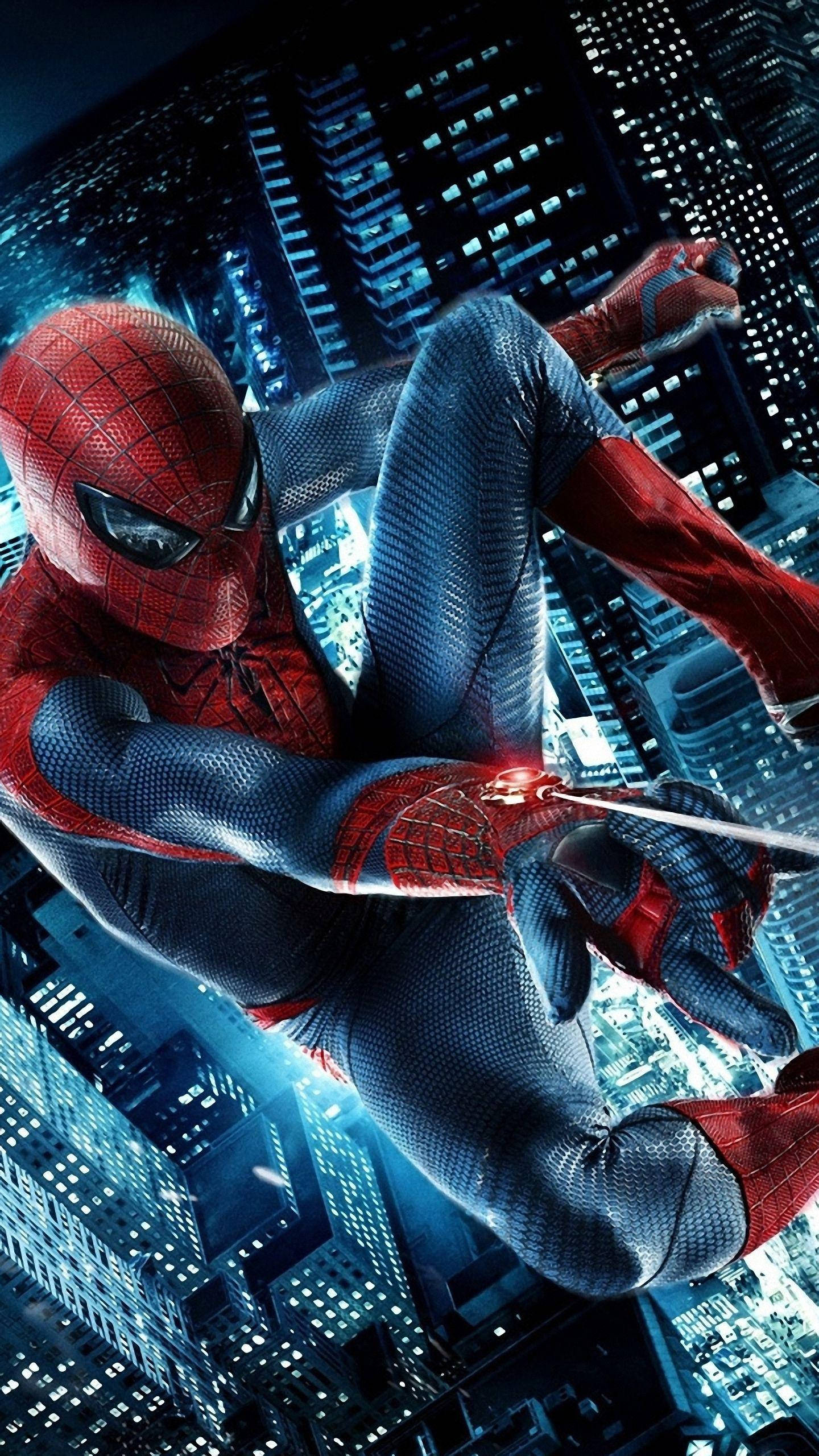 Spider Man, neon-lit cityscape, night, 2K Phone Wallpaper