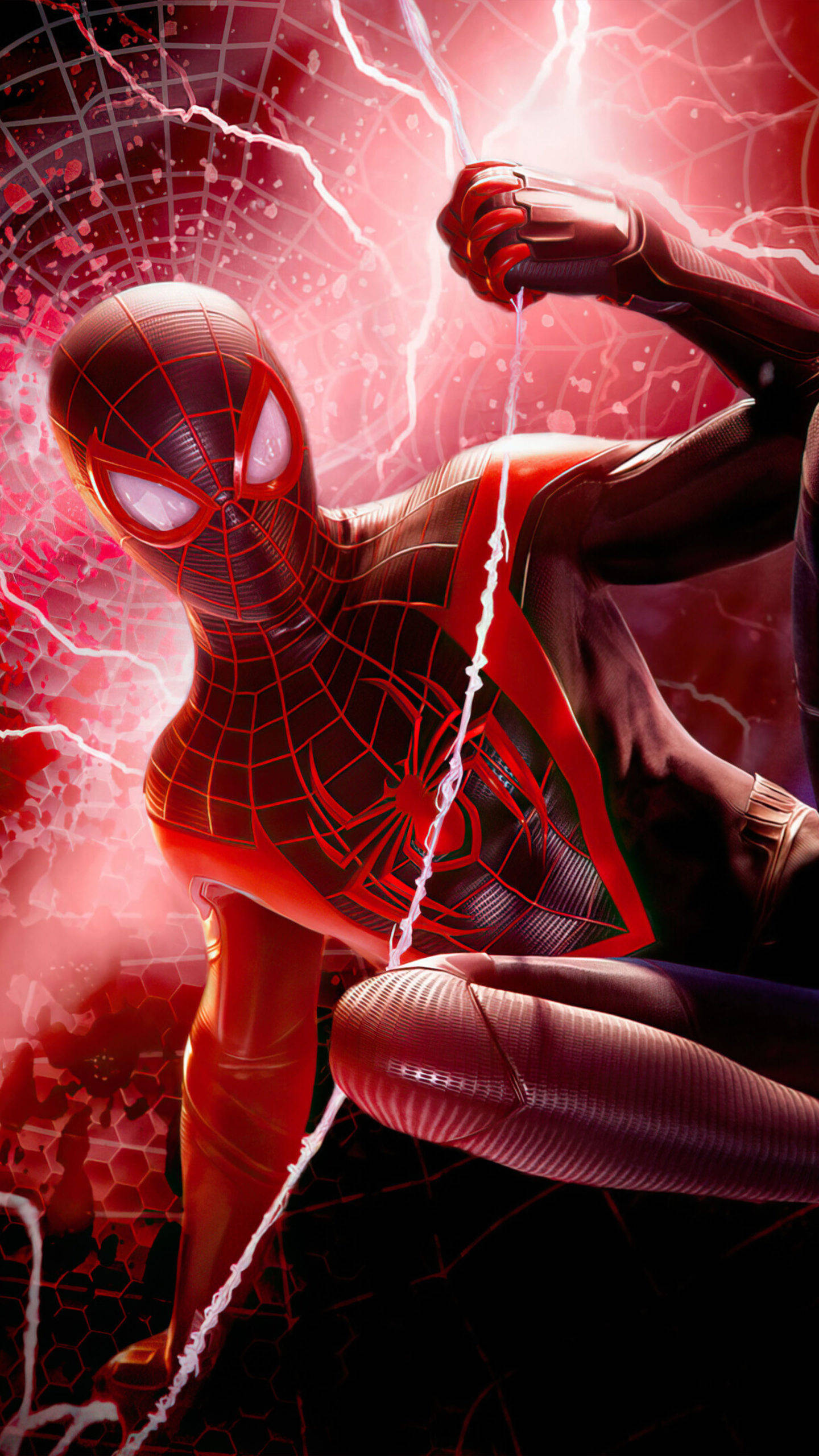 Spider Man, red and black suit, glowing red lightning, 2K Phone Wallpaper