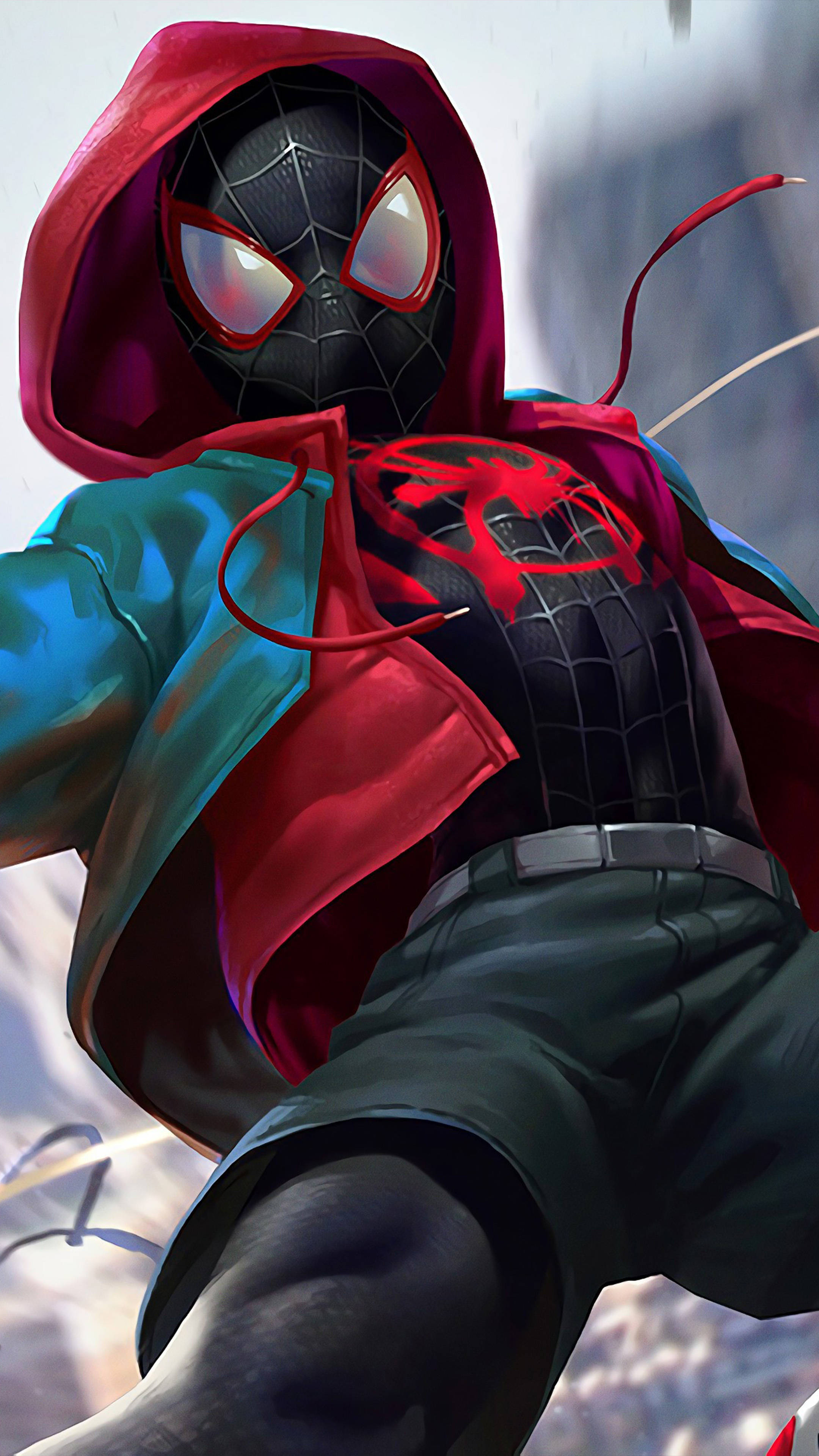 Spider Man, red hooded jacket, anime-style, 4K Phone Wallpaper