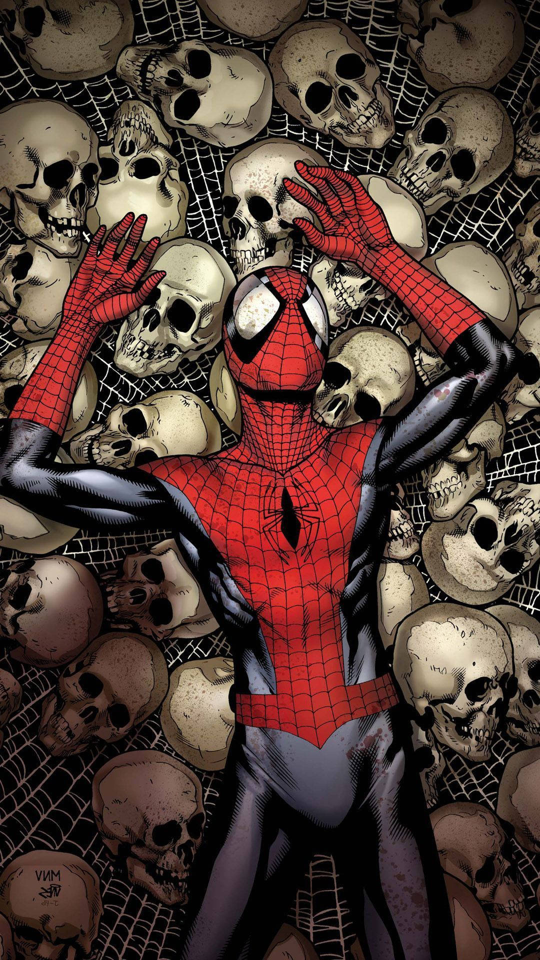 Spider Man, skull pile, webbing, Full HD Phone Wallpaper
