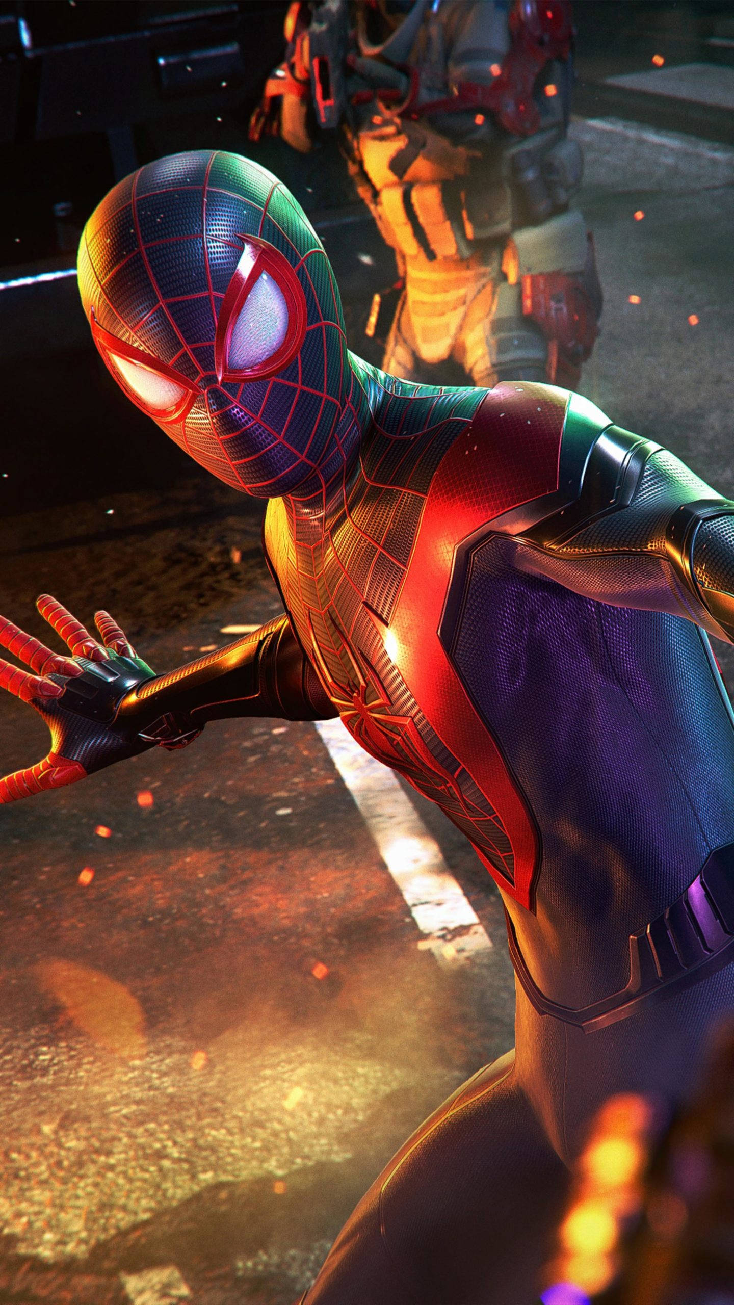 Spider Man, red blue suit, wet city street, 2K Phone Wallpaper