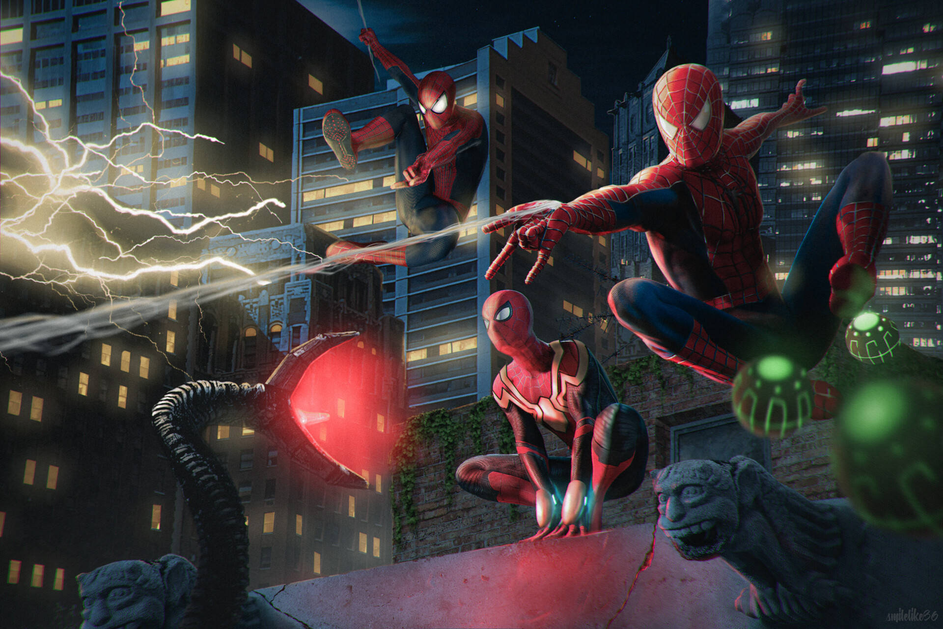 Spider Man No Way Home, neon-lit cityscape, night, Full HD Desktop Wallpaper