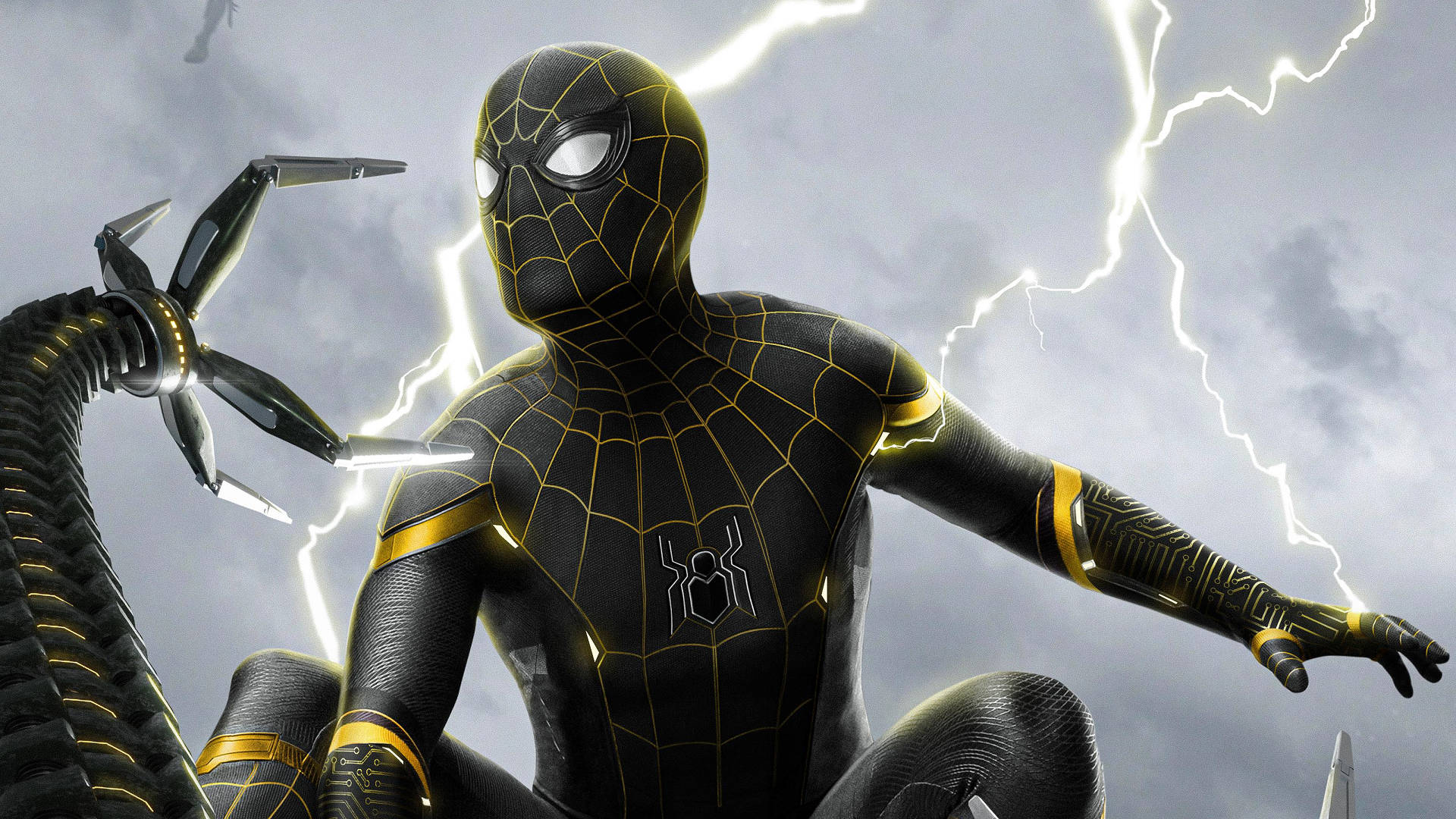 Spider Man No Way Home, black and gold suit, stormy sky, Full HD Desktop Wallpaper