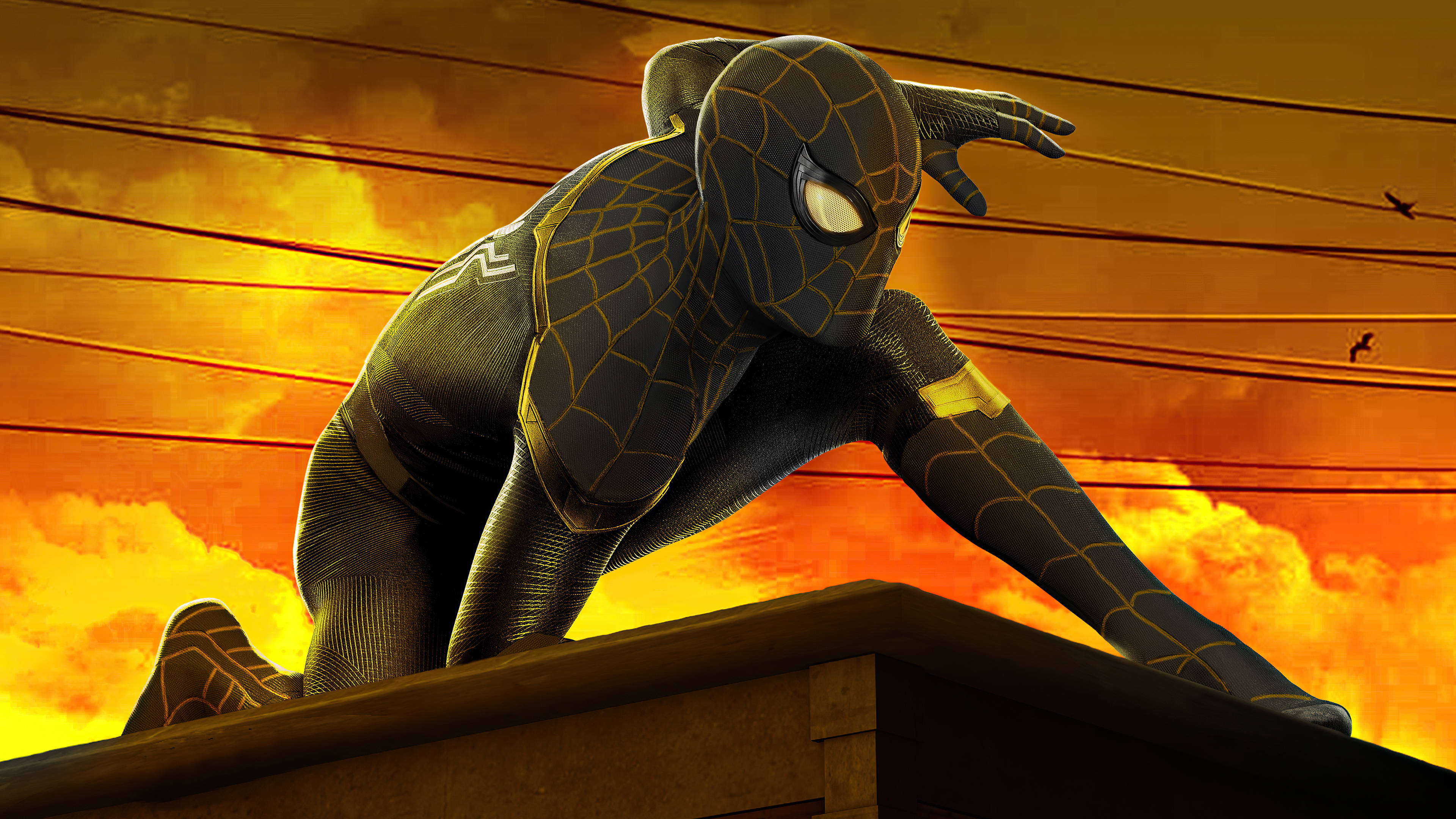 Spider Man No Way Home, black suit, fiery orange sunset sky, 4K Desktop Wallpaper