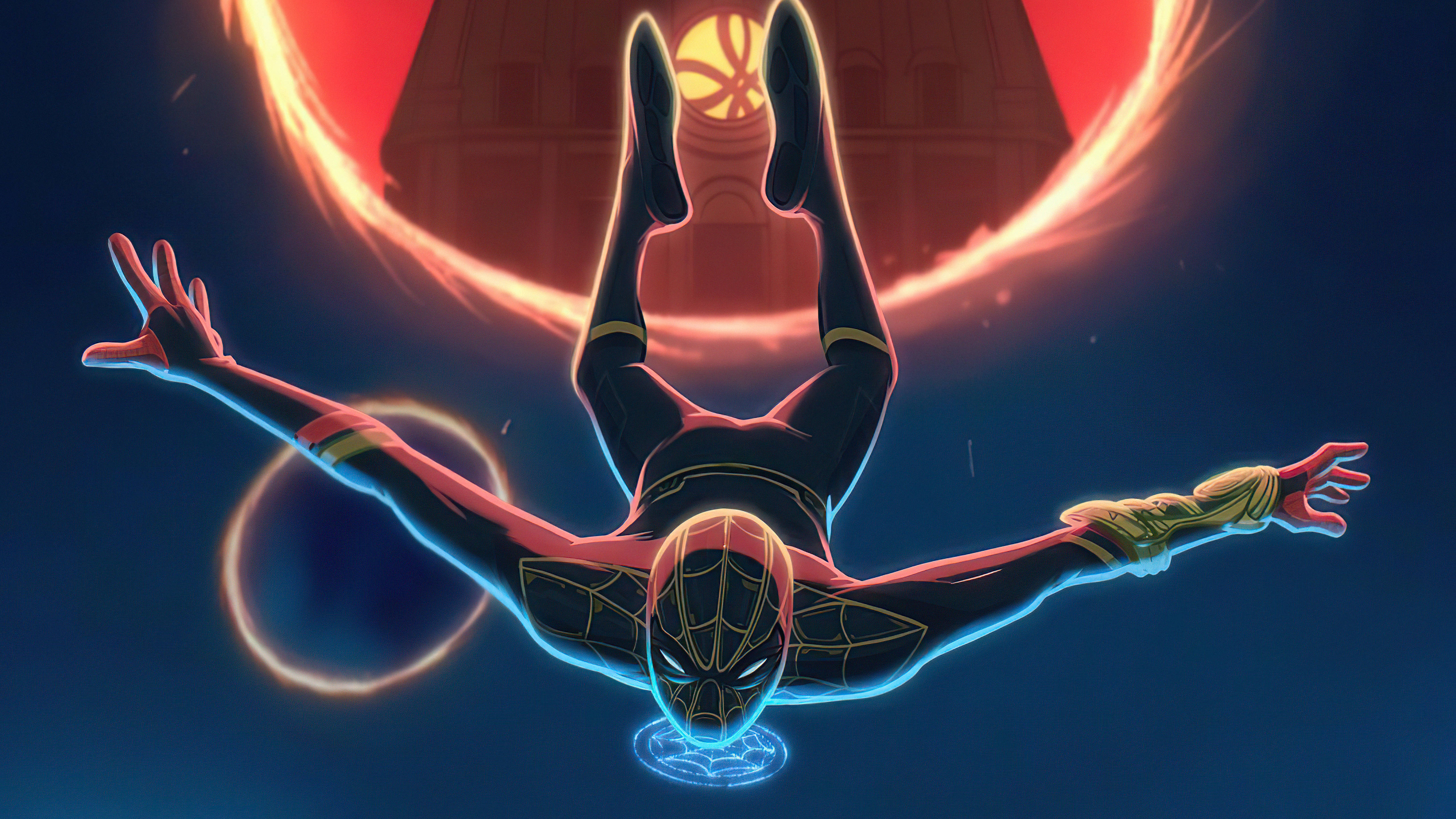 Spider Man No Way Home, black and red suit, glowing rings, 5K Desktop Wallpaper