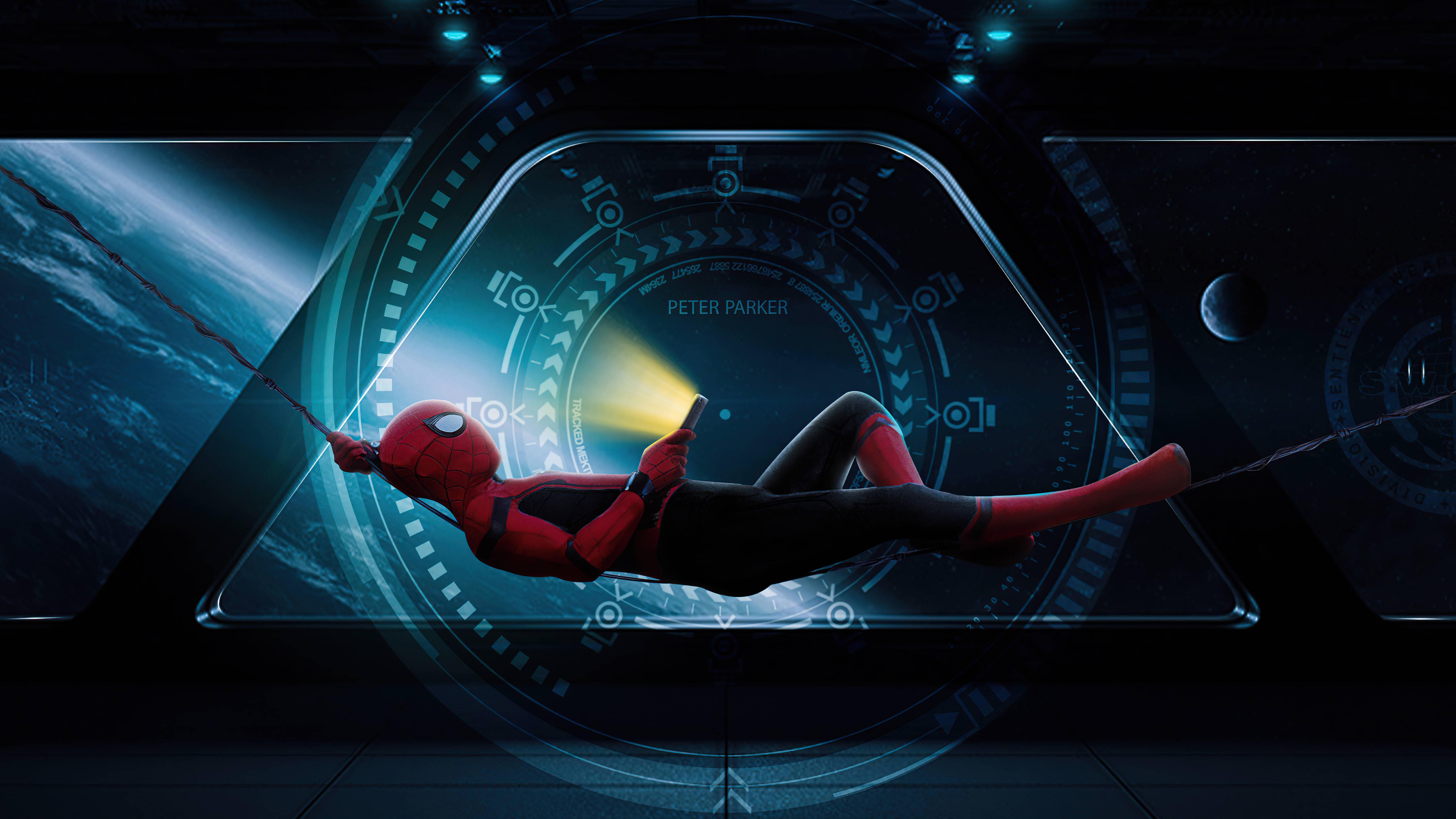 Spider Man No Way Home, outer space, glowing blue futuristic cockpit, 5K Desktop Wallpaper