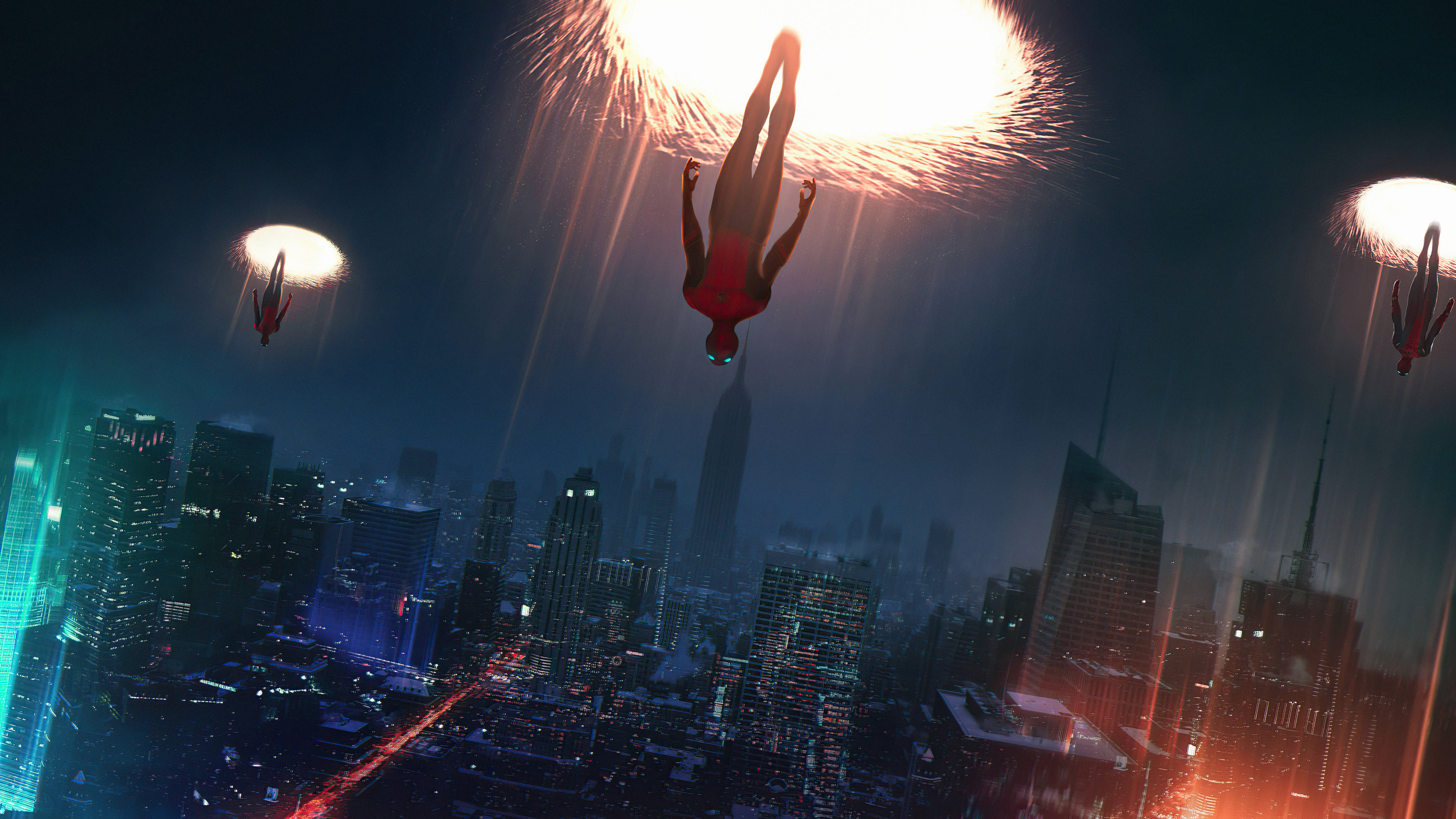 Spider Man No Way Home, red suit, neon-lit cityscape, 5K Desktop Wallpaper