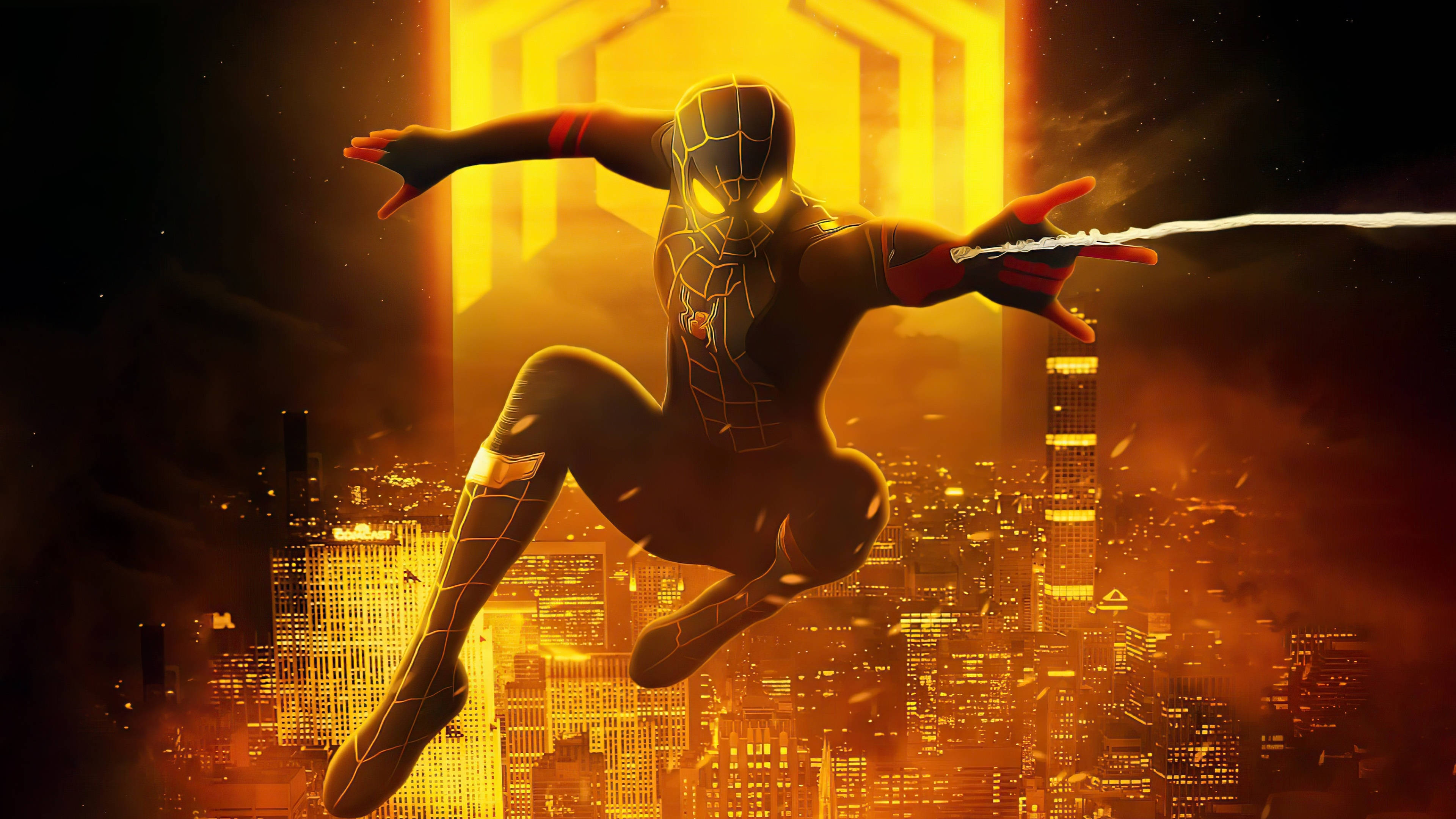 Spider Man No Way Home, fiery, glowing orange cityscape, 4K Desktop Wallpaper