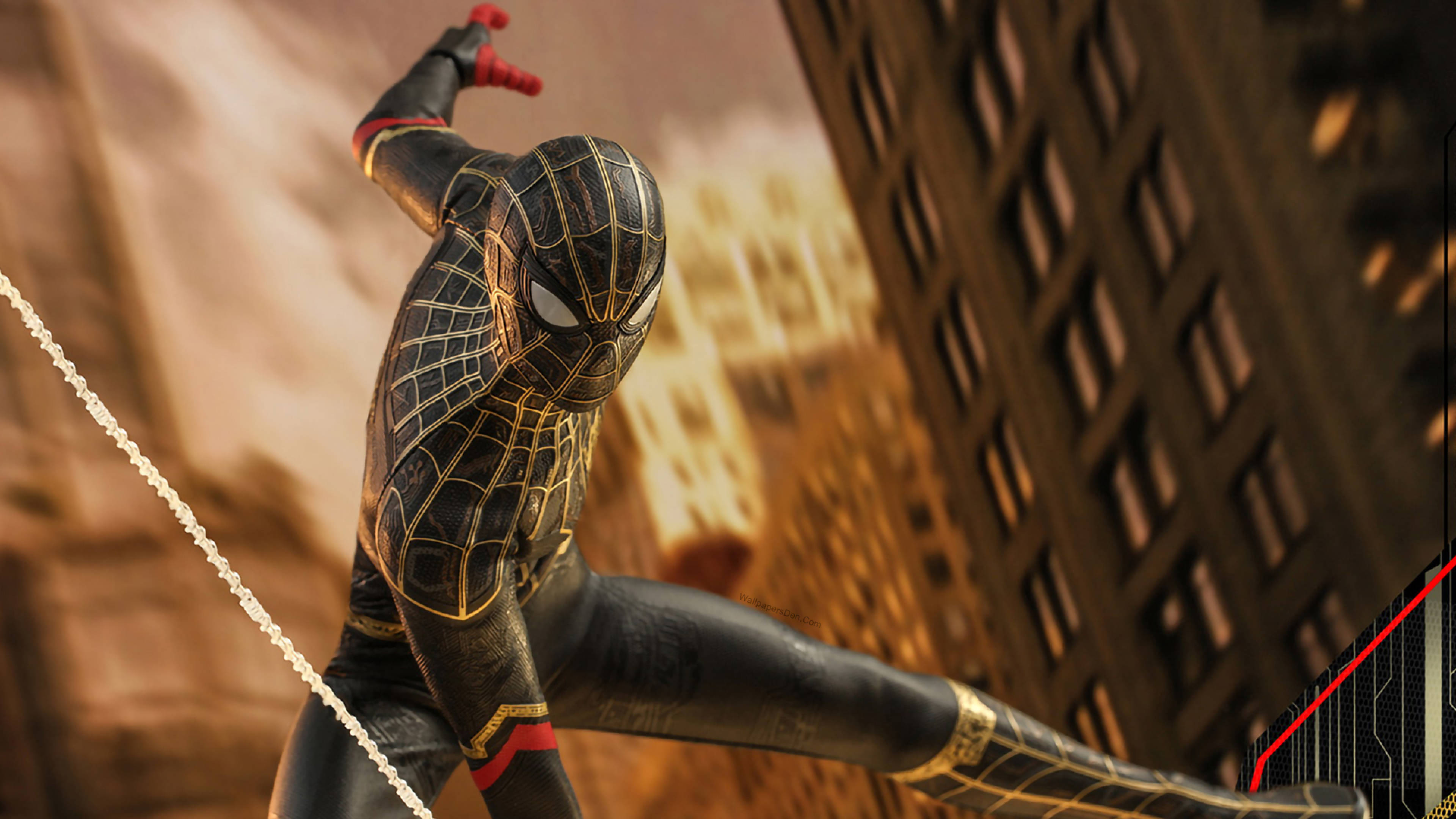 Spider Man No Way Home, black and gold suit, golden hour, 4K Desktop Wallpaper