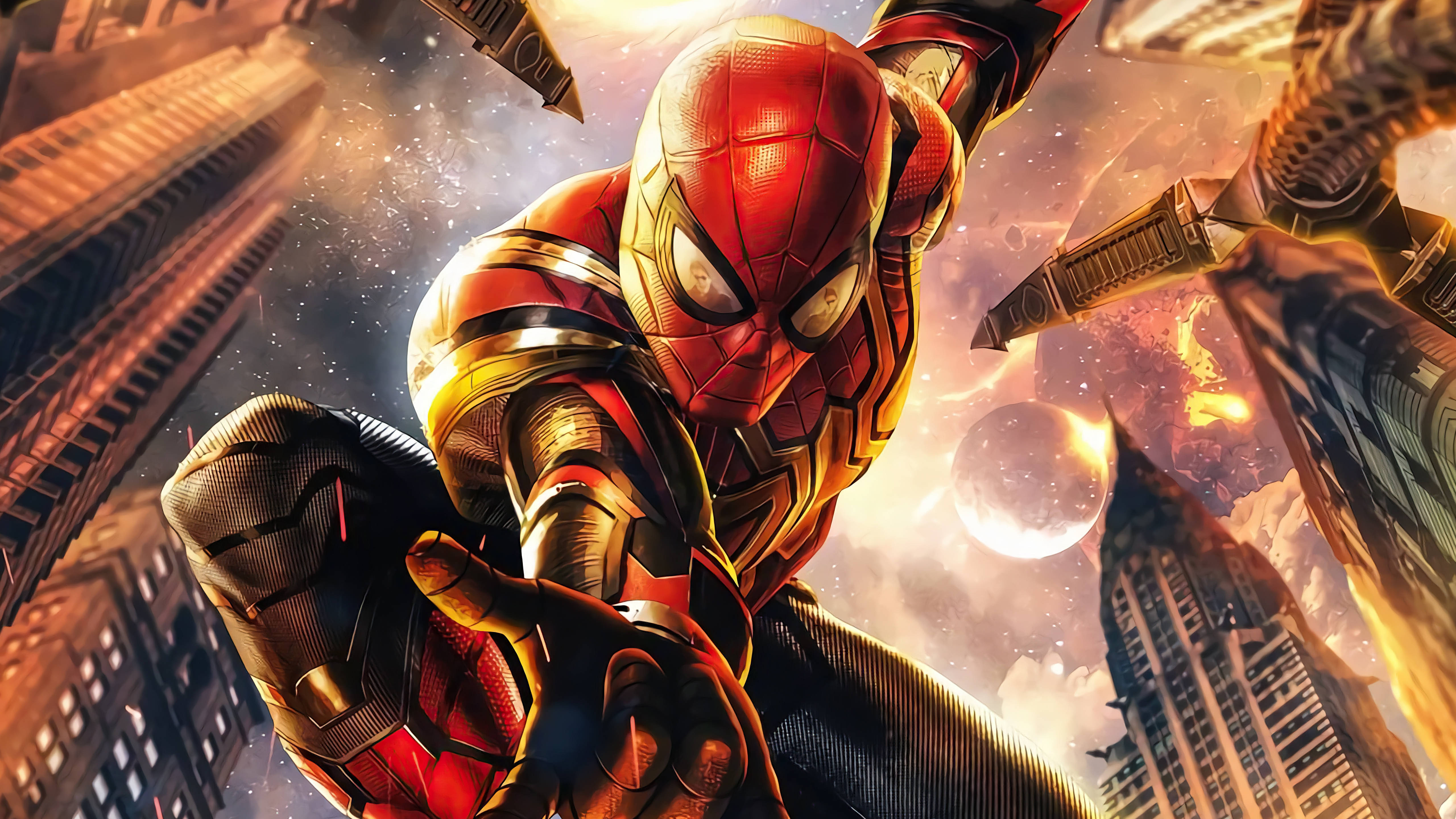 Spider Man No Way Home, red and gold armor, fiery urban canyon, 5K Desktop Wallpaper