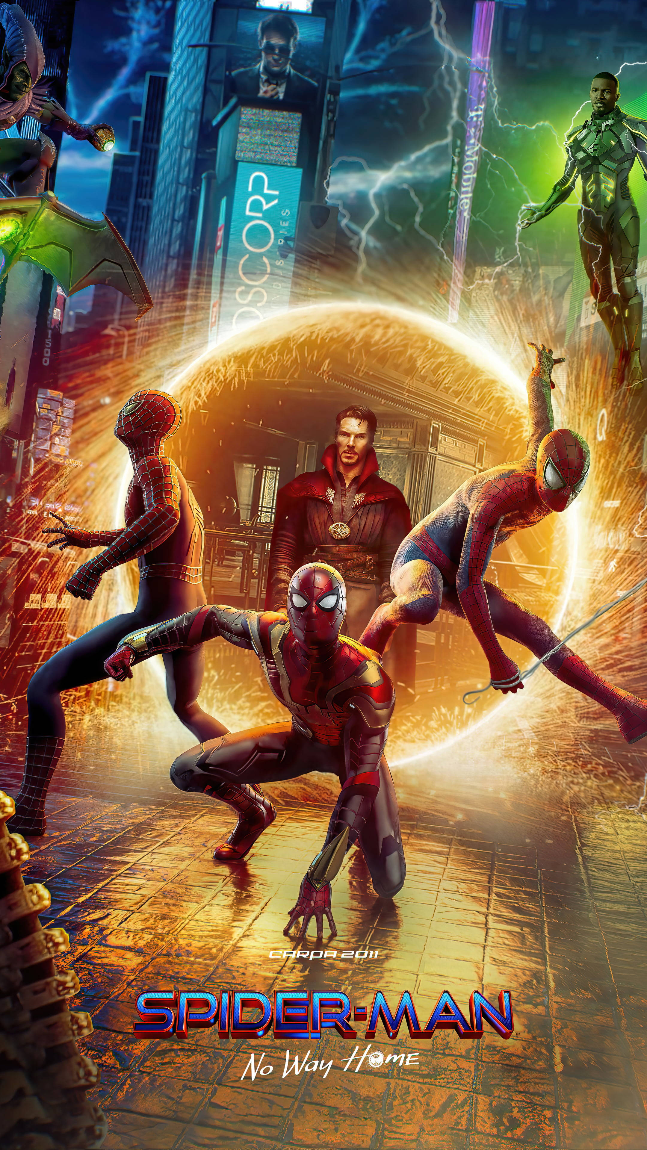 Spider Man No Way Home, neon-lit cityscape, glowing portal, 4K Phone Wallpaper