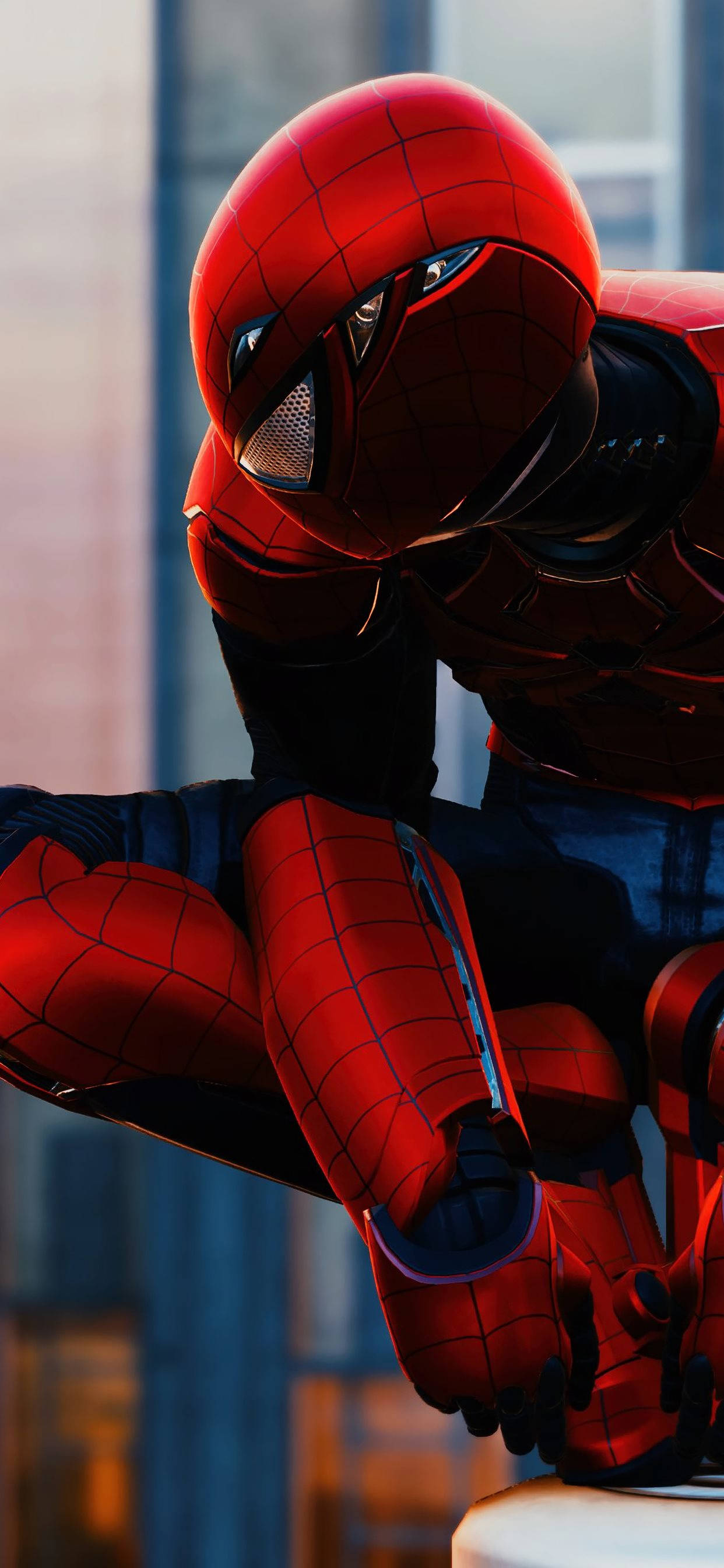 Spider Man Ps4 Logo, red and blue suit, rooftop, 2K Phone Wallpaper