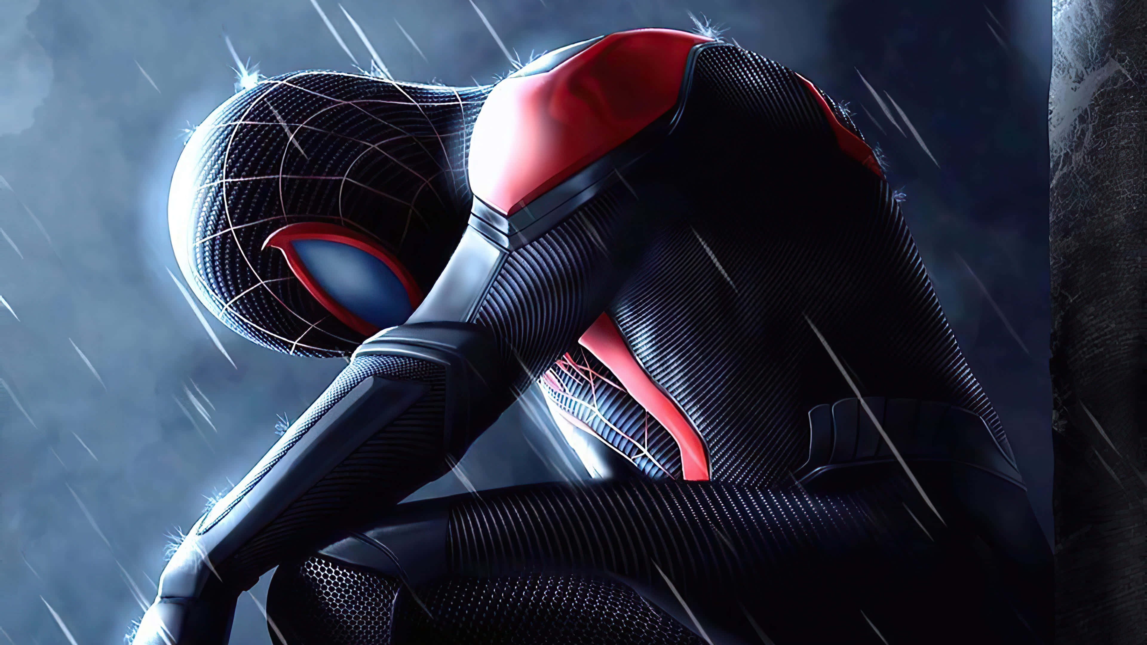 Spider-Man Reign, sleek black and red suit, crouches in the rain, 4K Desktop Wallpaper