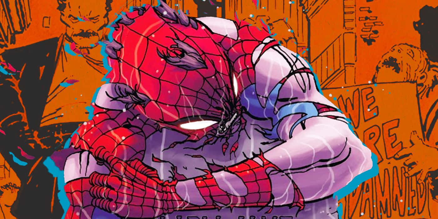 Spider-Man Reign, red and purple suit, chaotic orange urban backdrop, HD Desktop Wallpaper