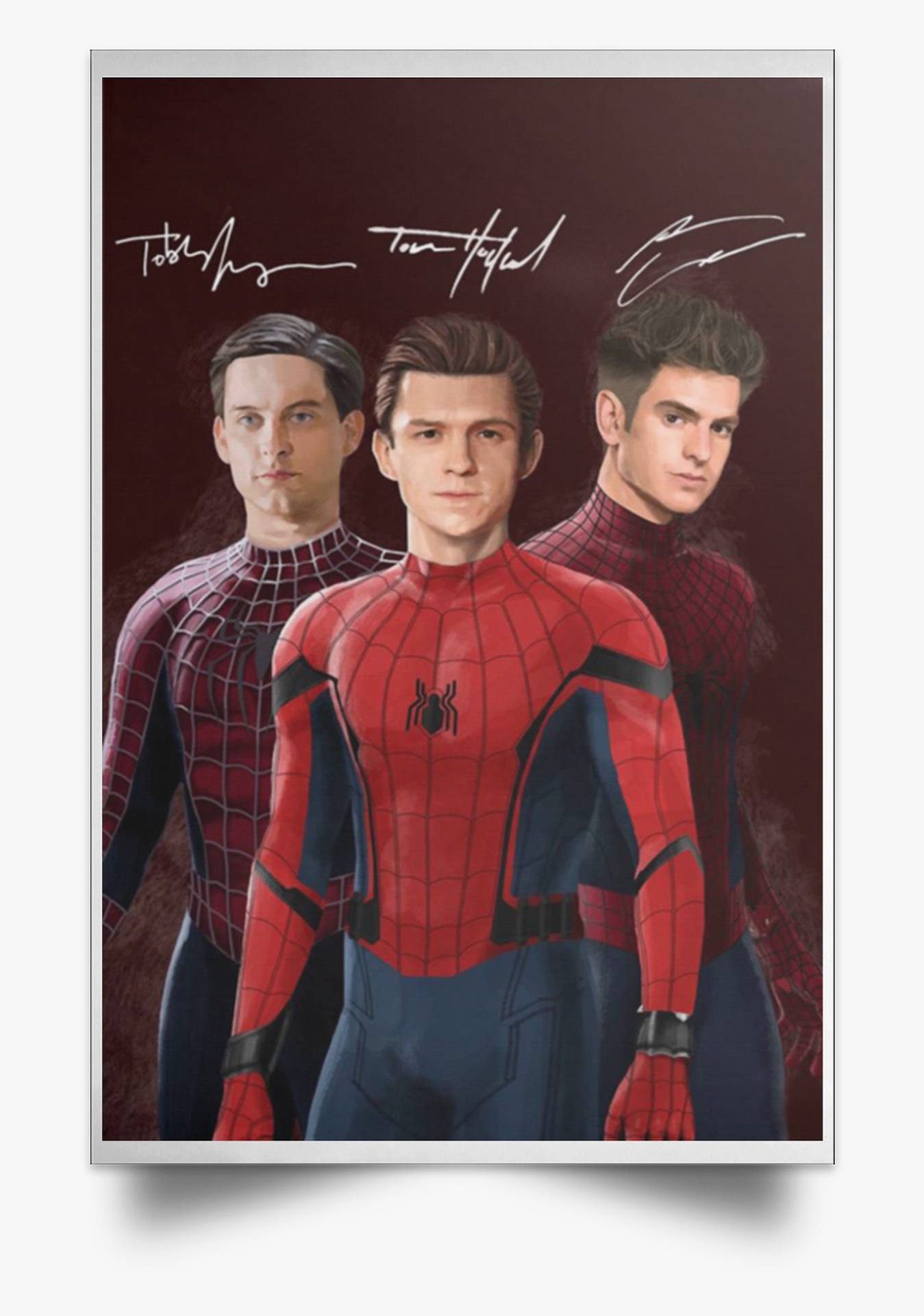 Spider Man Tobey, iconic suits, deep red background, Full HD Phone Wallpaper