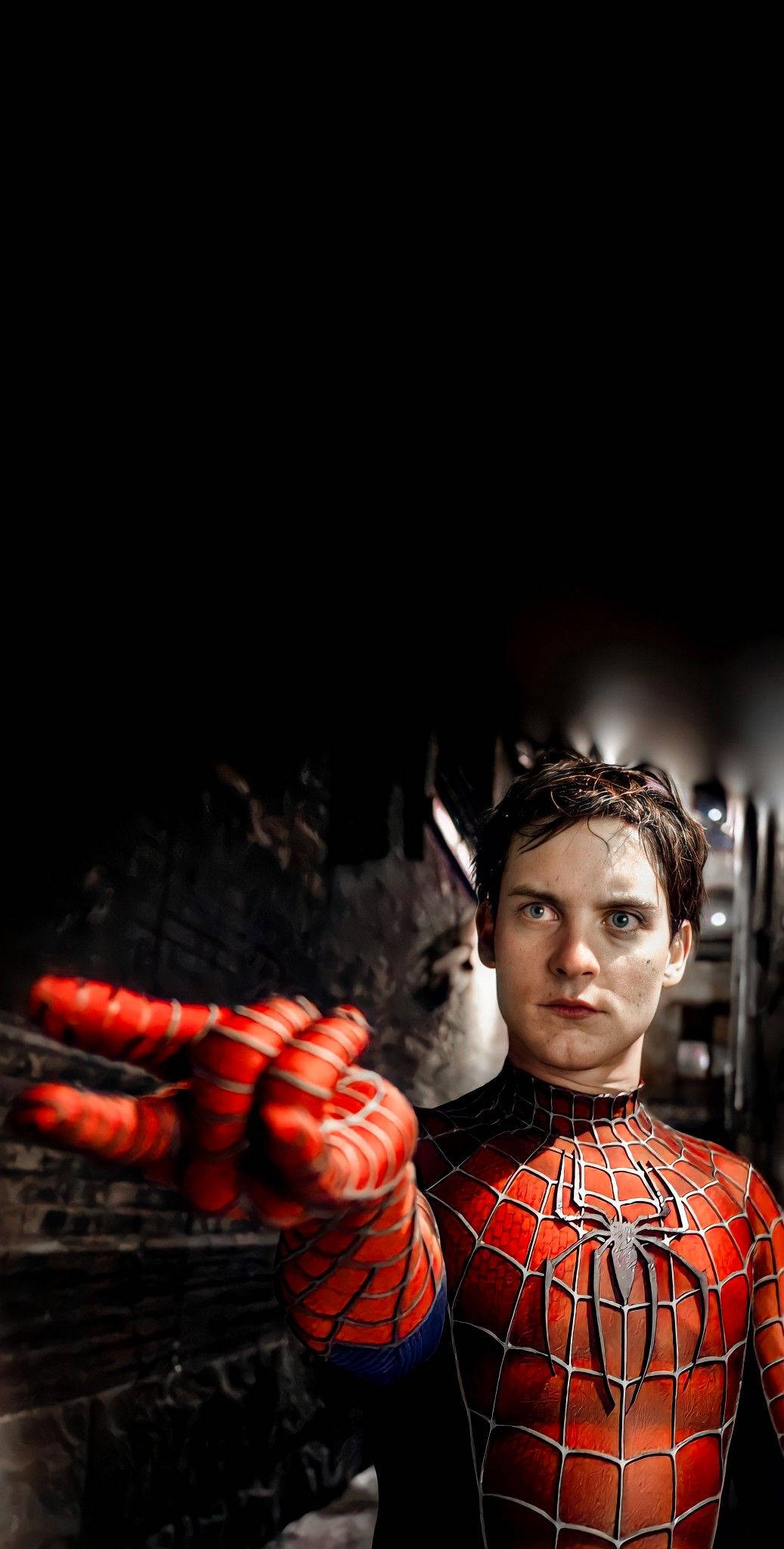 Spider Man Tobey, red and blue suit, dark urban alley, Full HD Phone Wallpaper