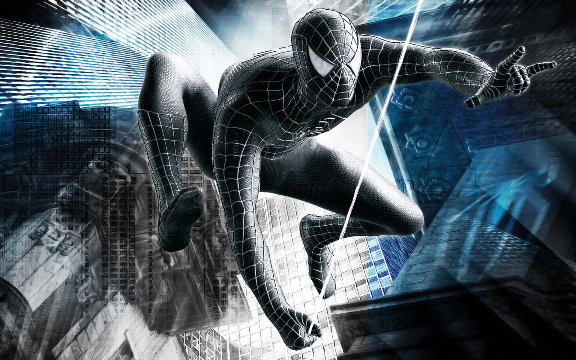 Spider Man Trilogy, black suit, futuristic cityscape, Full HD Desktop Wallpaper