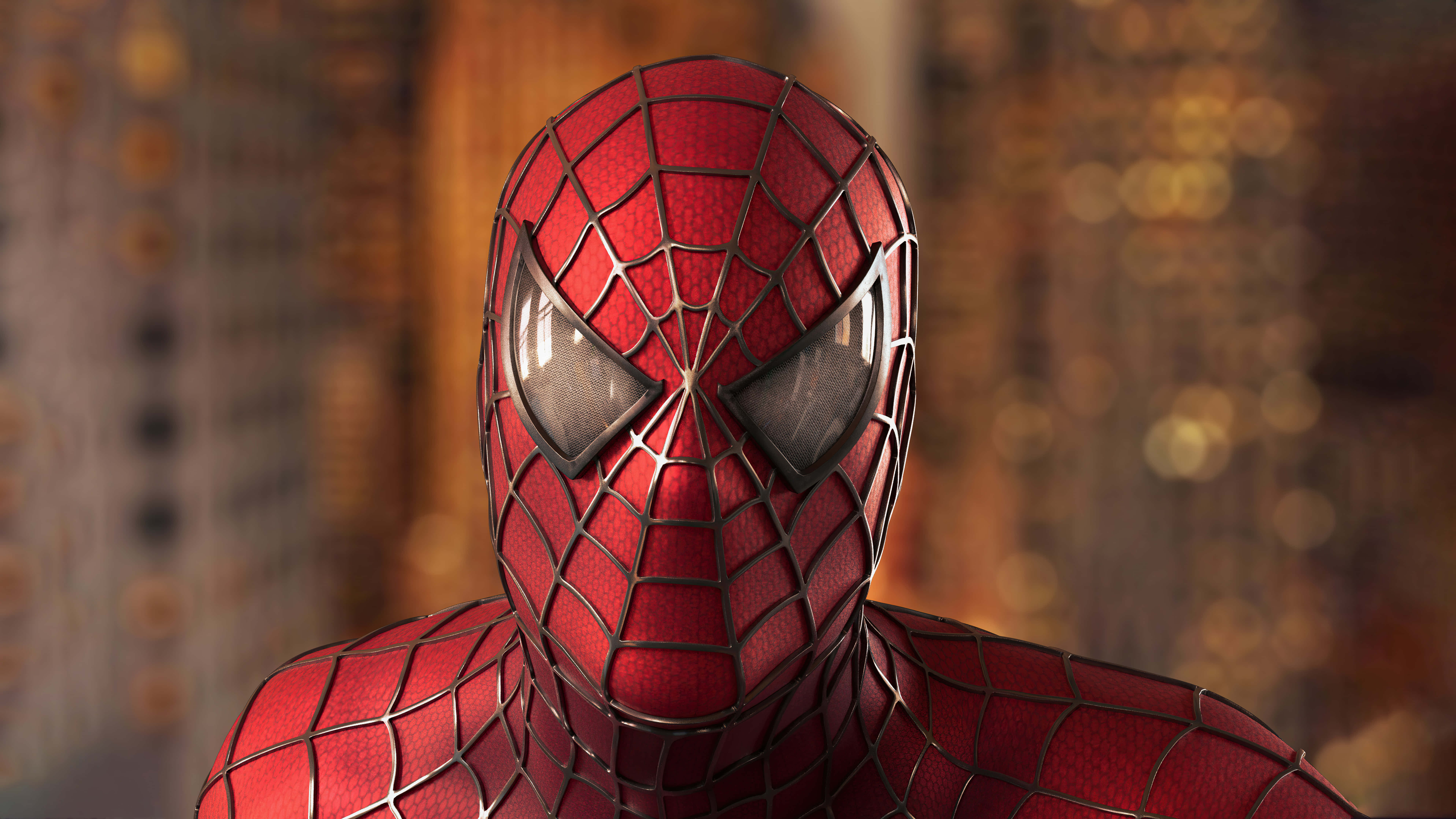 Spider Man Trilogy, red and blue web-patterned suit, reflective eyes, 5K Desktop Wallpaper