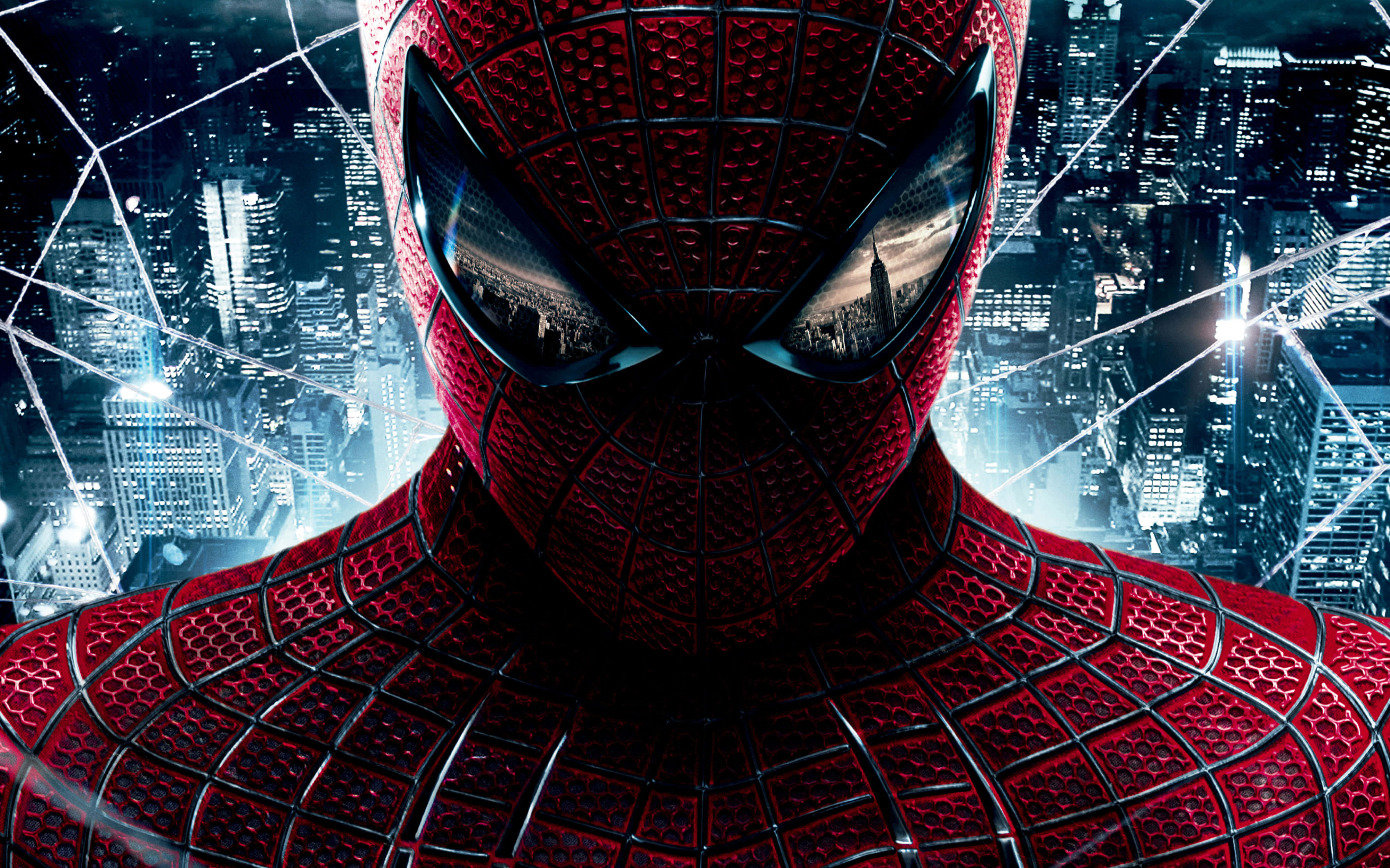Spider Man Trilogy, red and blue suit, glowing city skyline, 4K Desktop Wallpaper