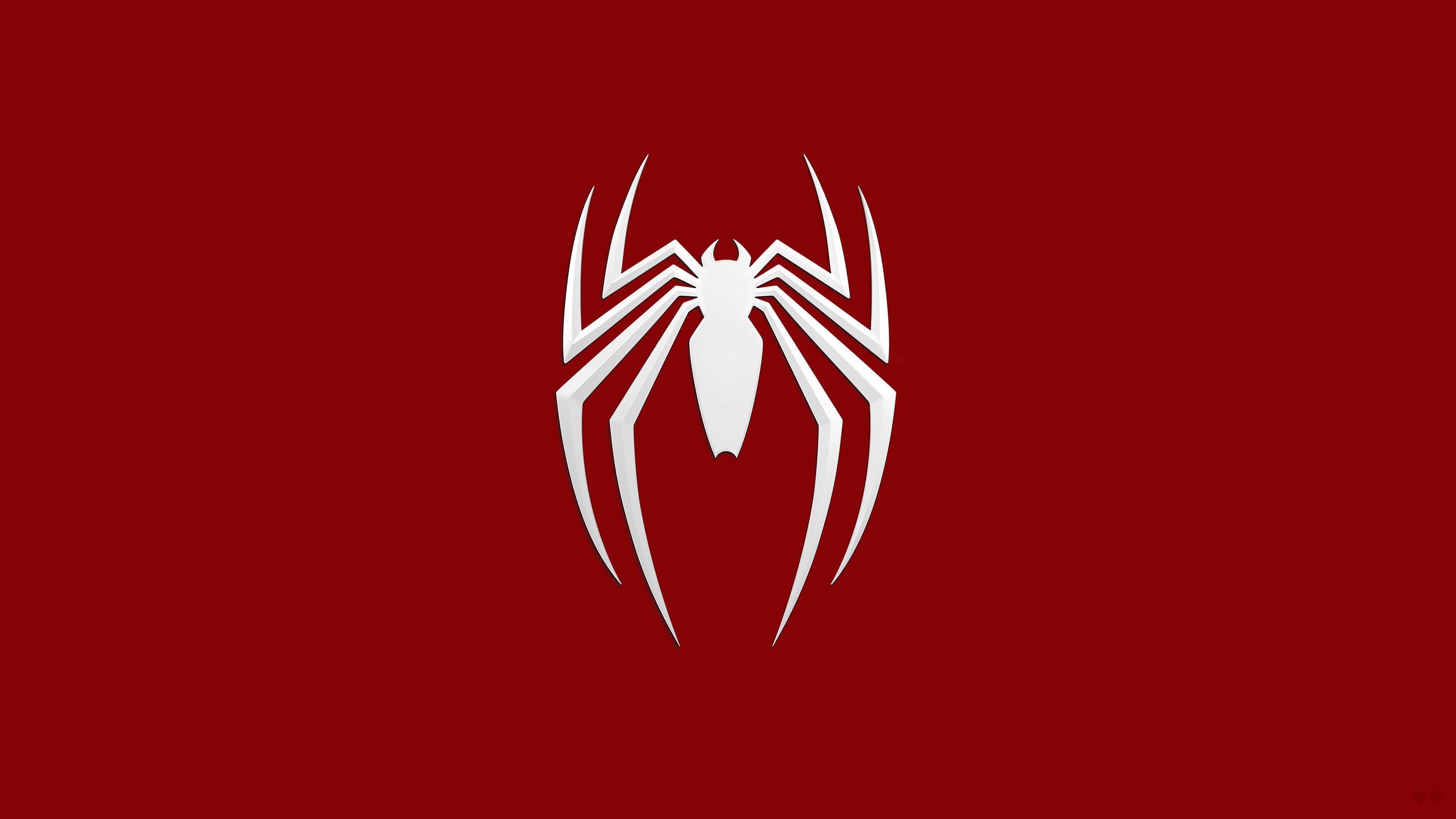 Spider Man White, spider logo, deep red background, 4K Desktop Wallpaper