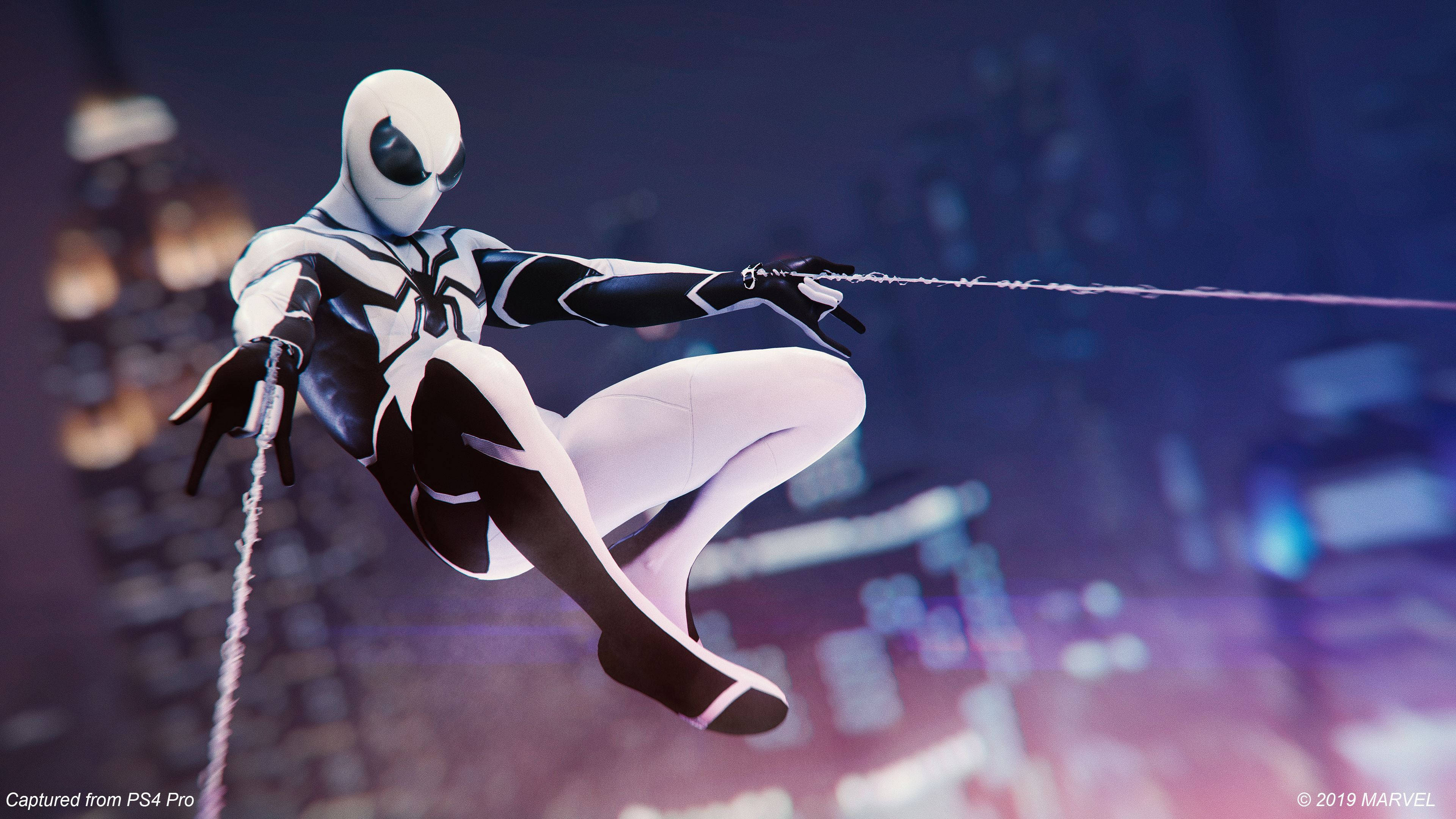 Spider Man White, neon-lit cityscape, night, 4K Desktop Wallpaper