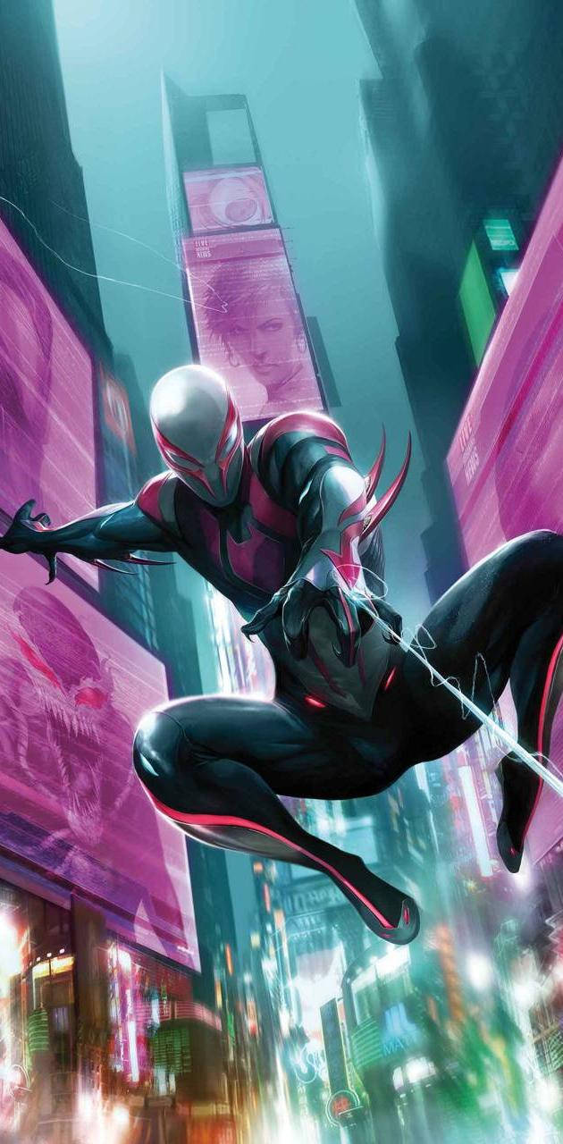 Spider Man White, black and pink suit, neon-lit skyscrapers, HD Phone Wallpaper