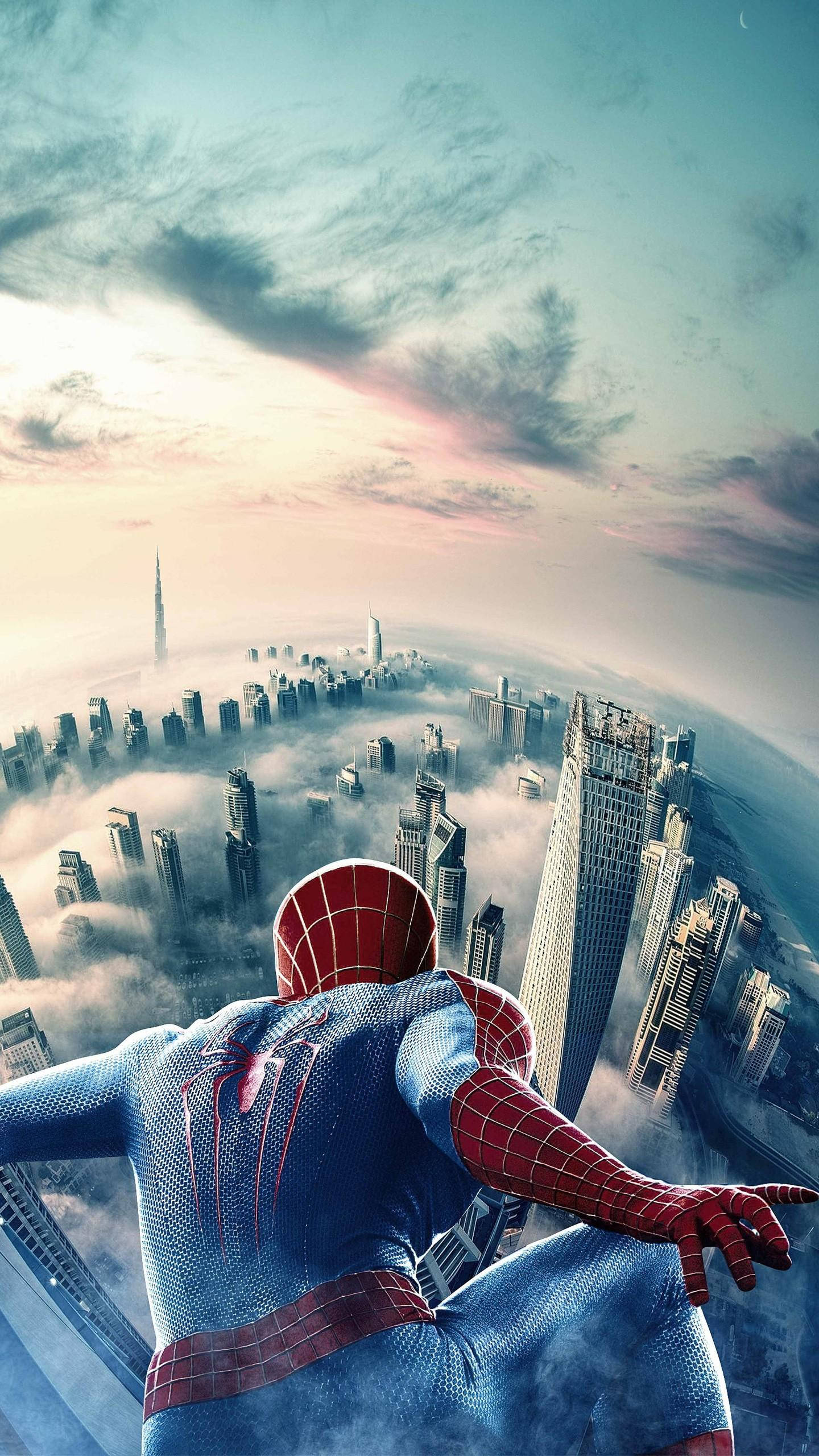 Spider-Man, cityscape, dawn, 2K Phone Wallpaper