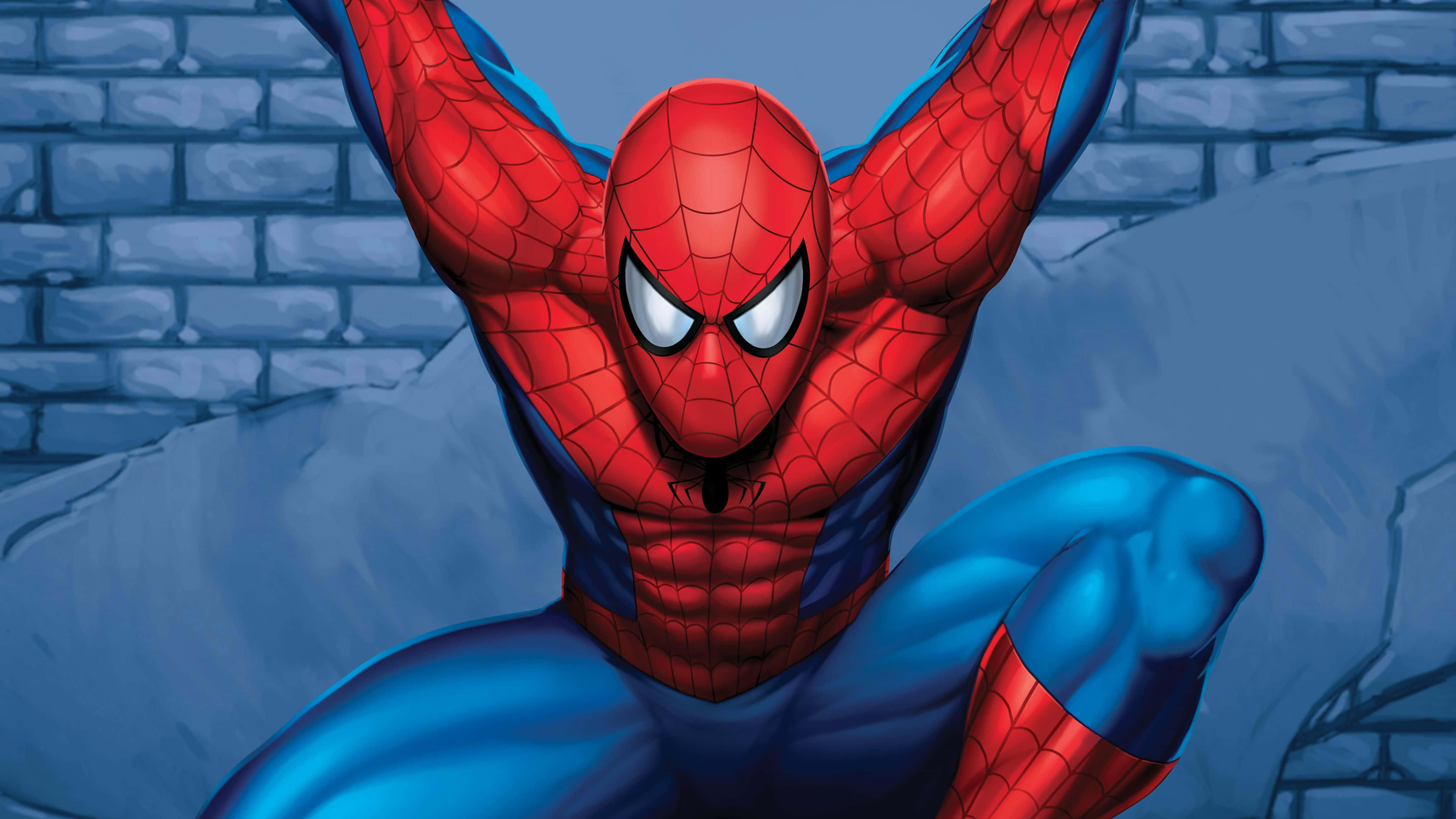 Spider-Man, red and blue suit, weathered brick wall, 4K Desktop Wallpaper