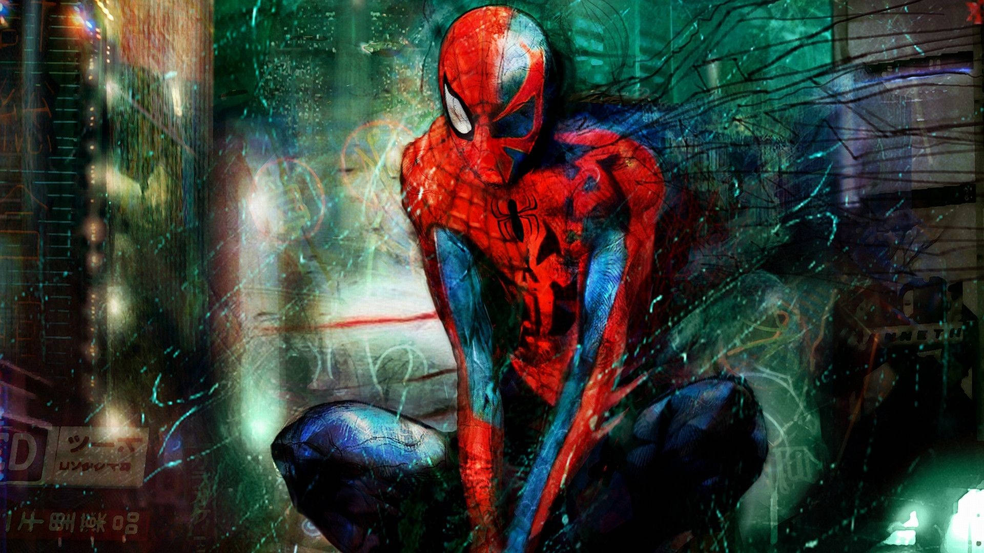 Spider-Man, neon-drenched urban alleyway, glowing green and blue digital effects, Full HD Desktop Wallpaper