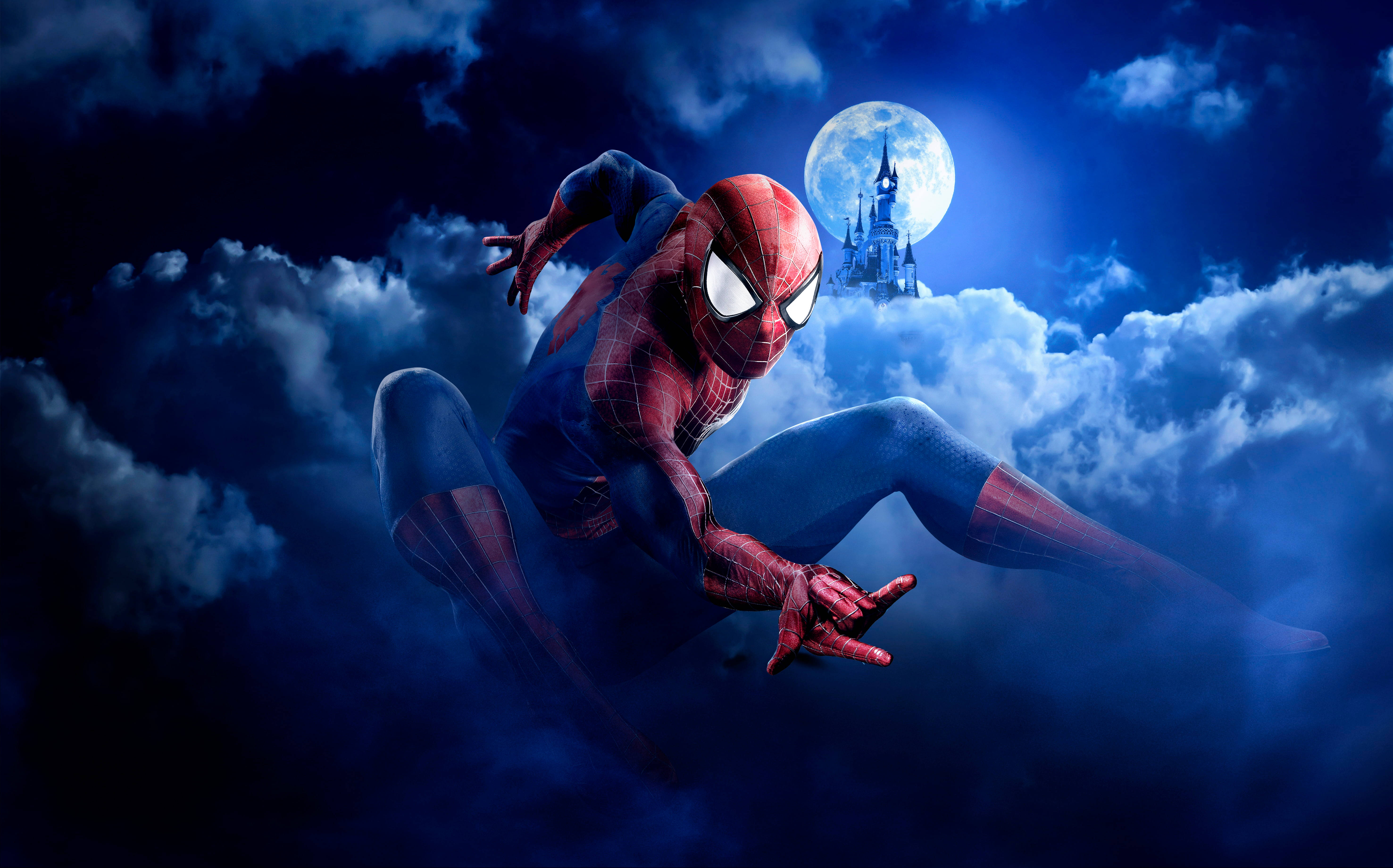Spider-Man, stormy night skies, moonlit castle, 5K Desktop Wallpaper