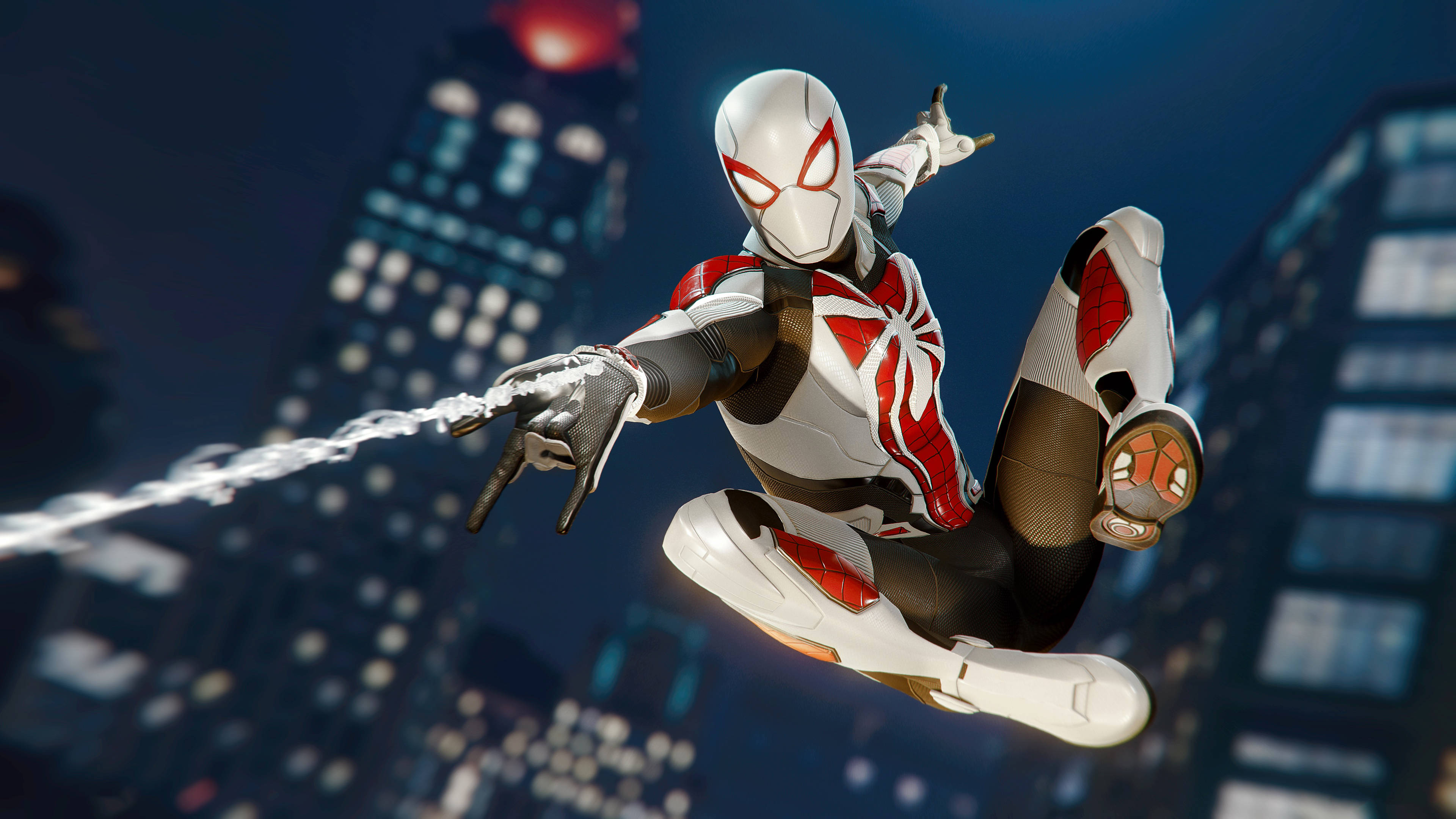 Spider-Man, white red and black suit, neon-lit cityscape, 4K Desktop Wallpaper