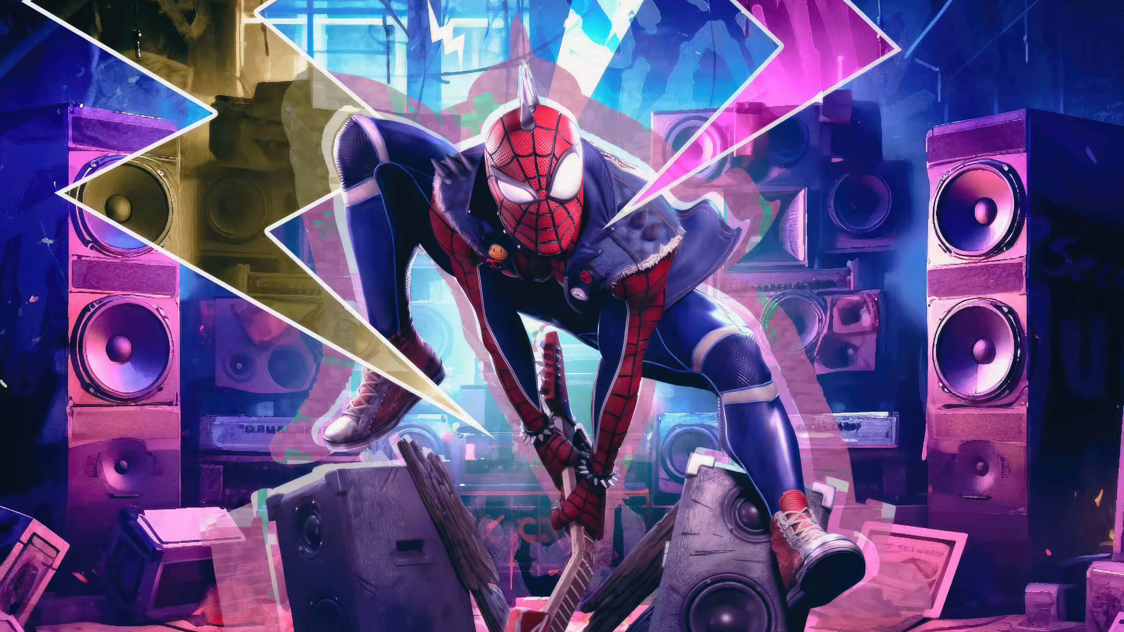 Spider Punk, neon lights, glowing speakers, 4K Desktop Wallpaper