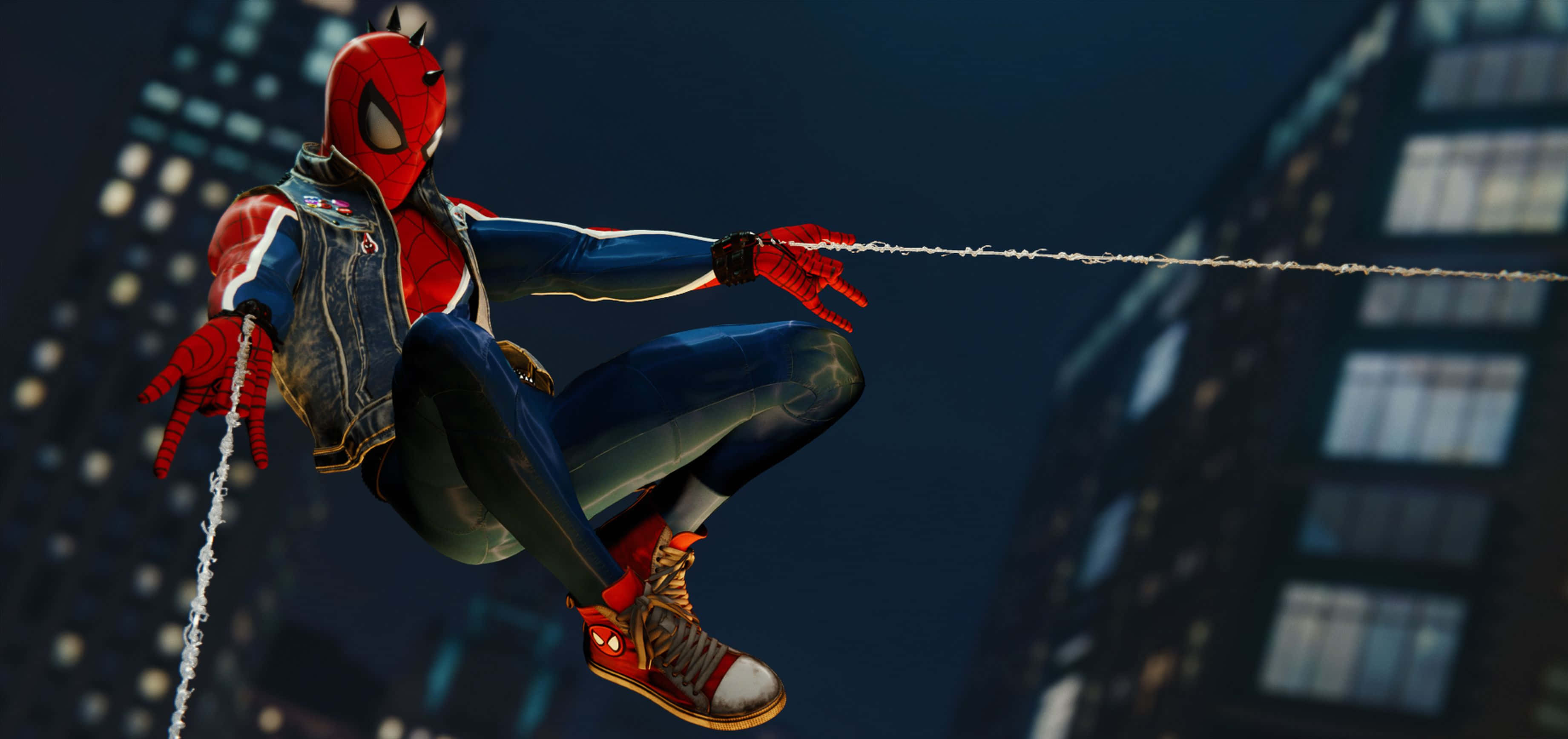 Spider Punk, neon-lit cityscape, night, 2K Desktop Wallpaper