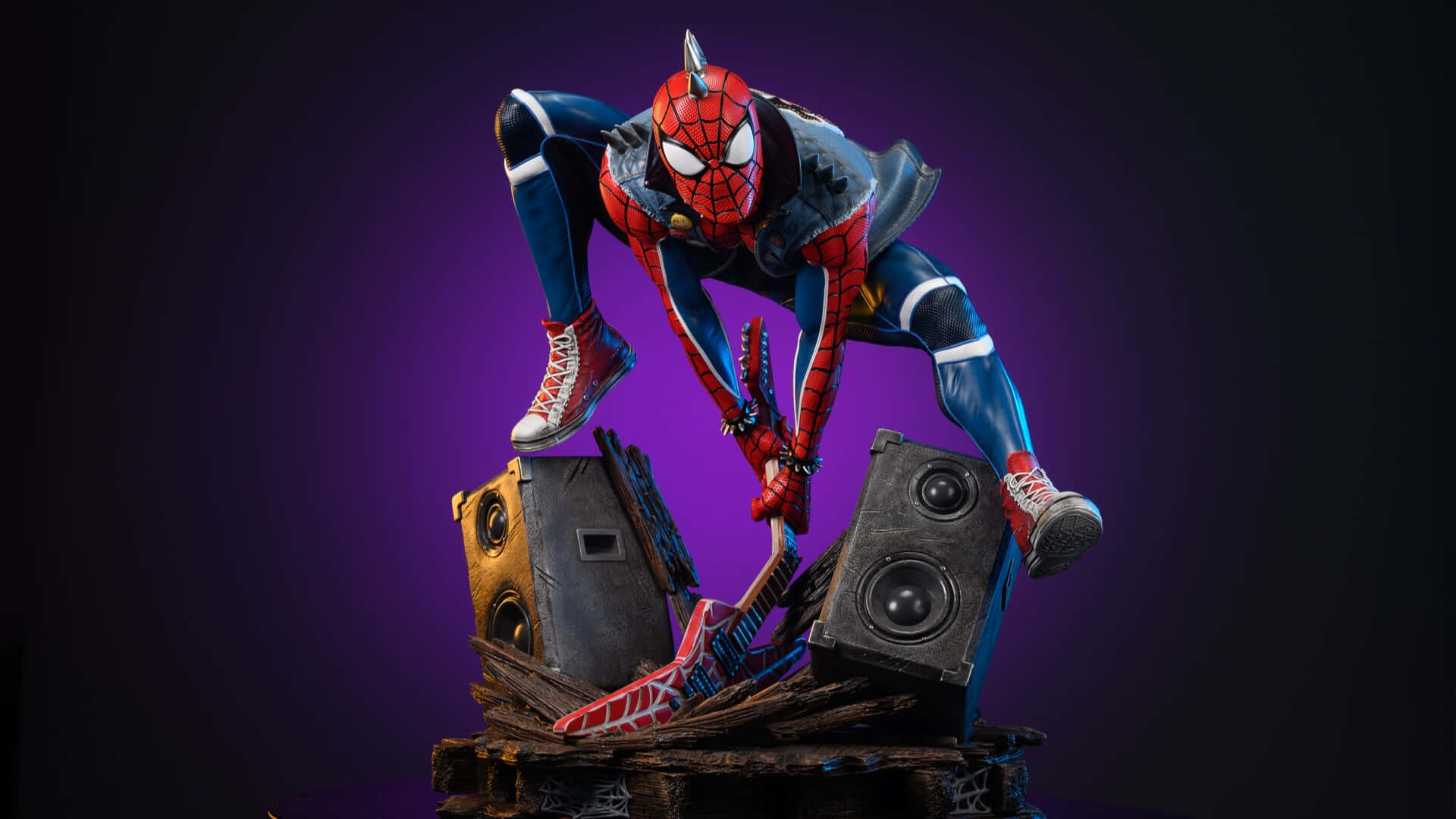 Spider Punk, red and blue suit, broken speakers, Full HD Desktop Wallpaper